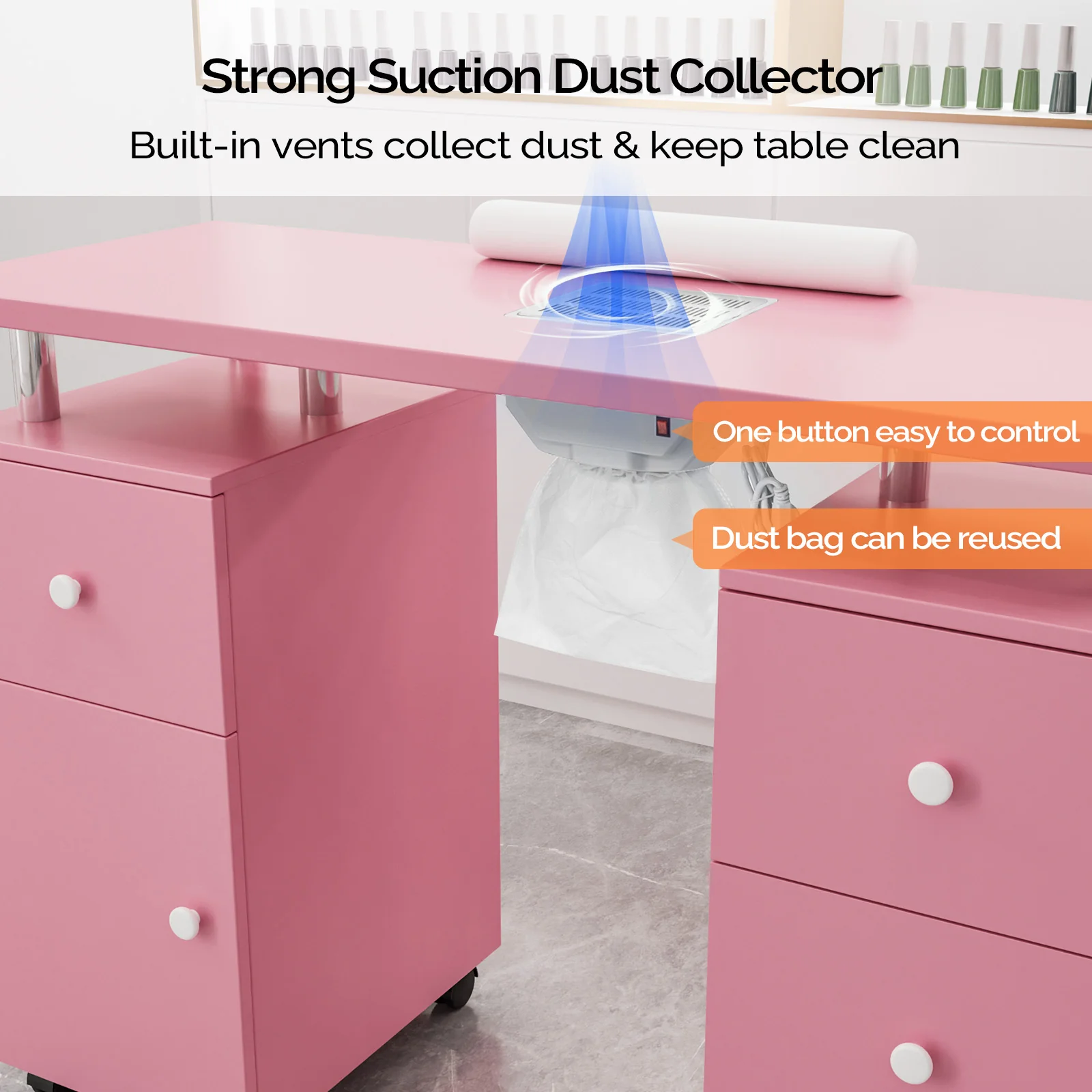 Omysalon MT-DC Nail Manicure Table w/Electric Dust Collector & Wrist Rest & 2 Open Spaces 1 Side Cabinet 4 Drawers - Image 21