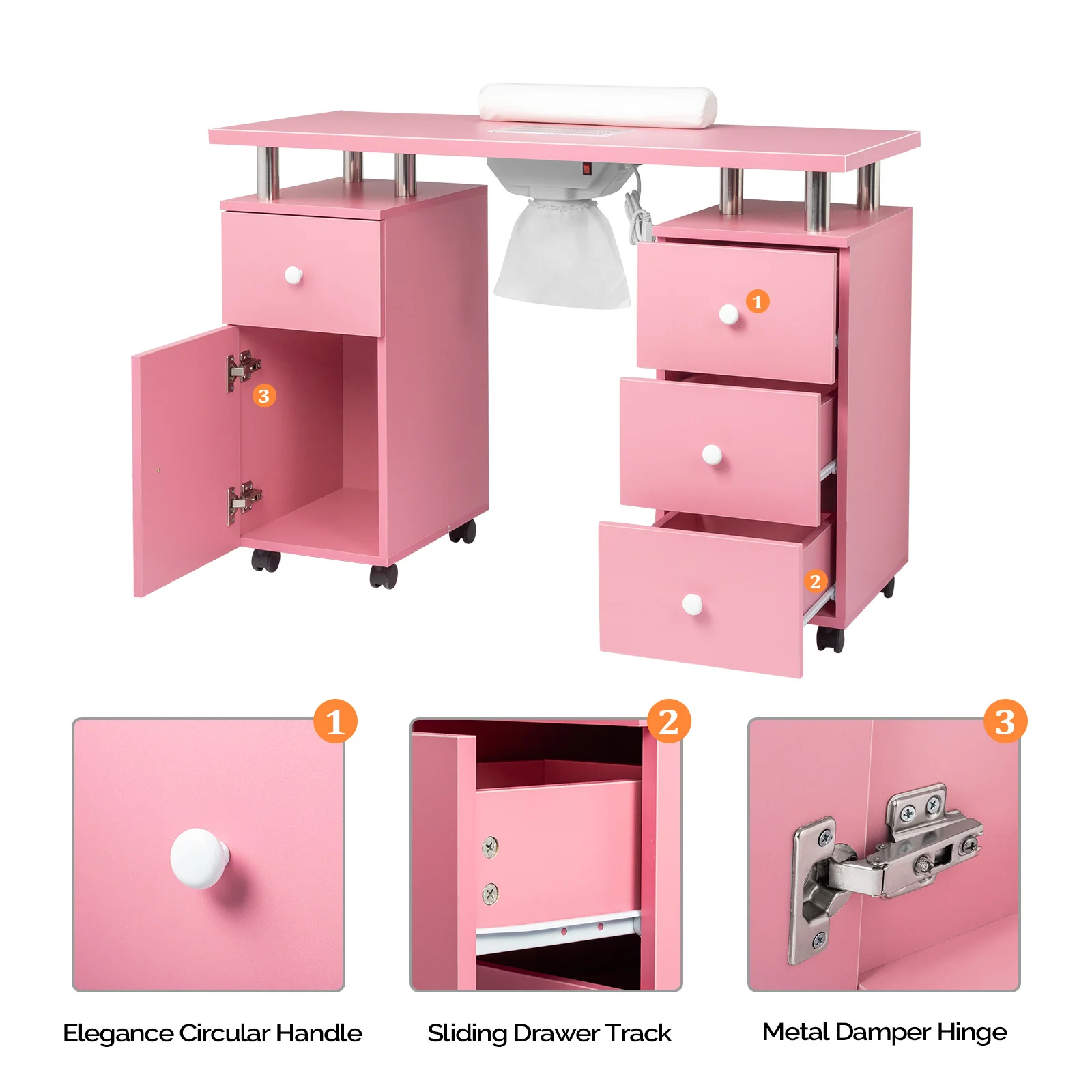 Omysalon MT-DC Nail Manicure Table w/Electric Dust Collector & Wrist Rest & 2 Open Spaces 1 Side Cabinet 4 Drawers - Image 22