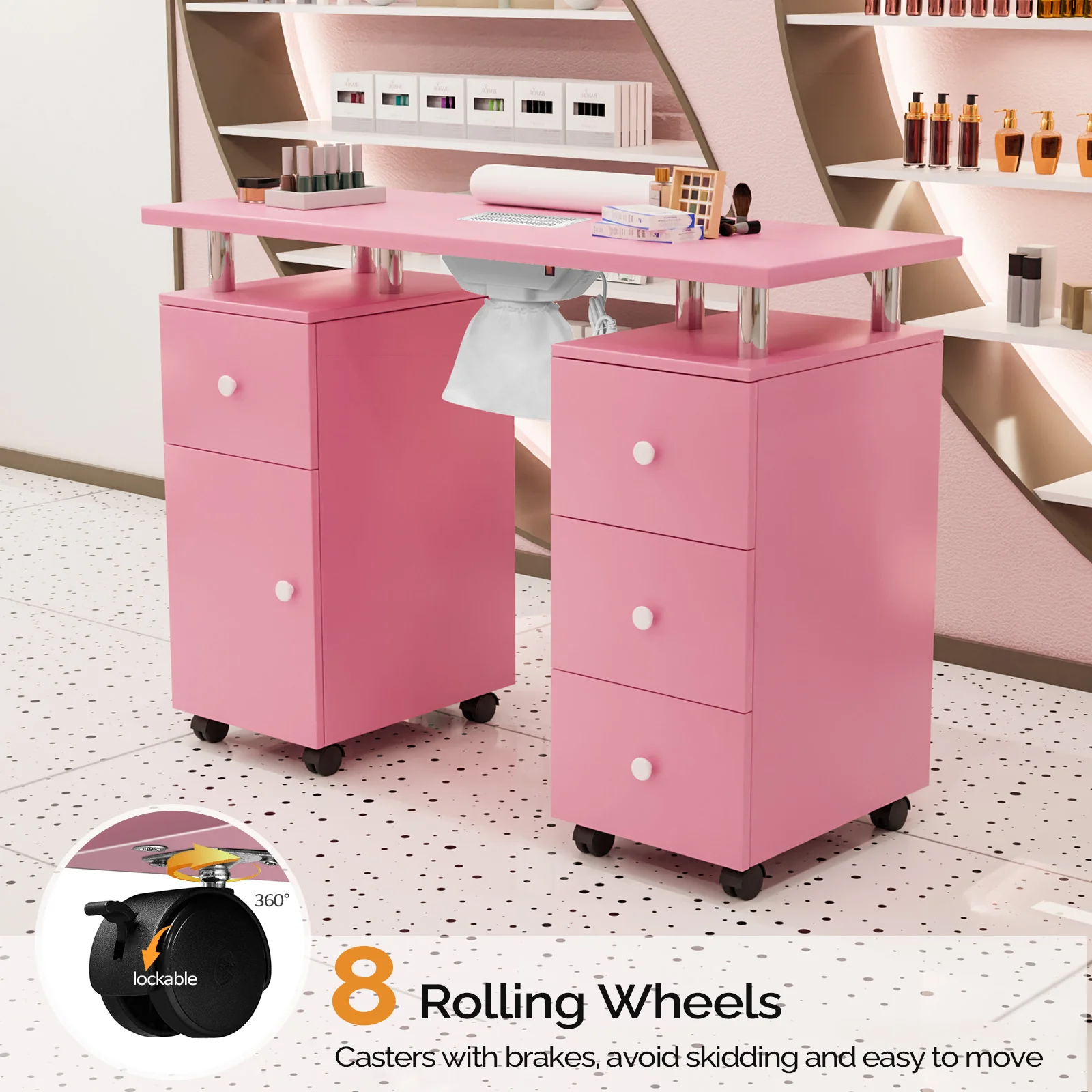Omysalon MT-DC Nail Manicure Table w/Electric Dust Collector & Wrist Rest & 2 Open Spaces 1 Side Cabinet 4 Drawers - Image 25