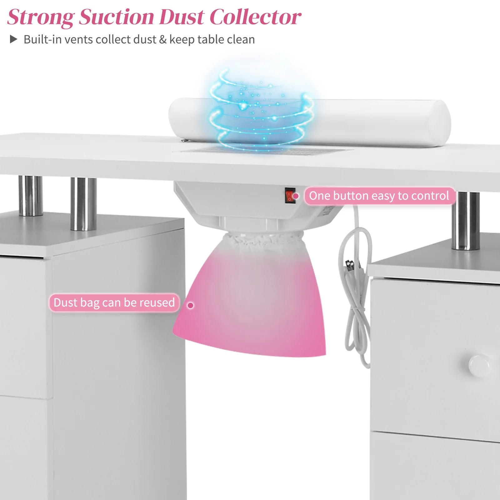 Omysalon MT-DC Nail Manicure Table w/Electric Dust Collector & Wrist Rest & 2 Open Spaces 1 Side Cabinet 4 Drawers - Image 3