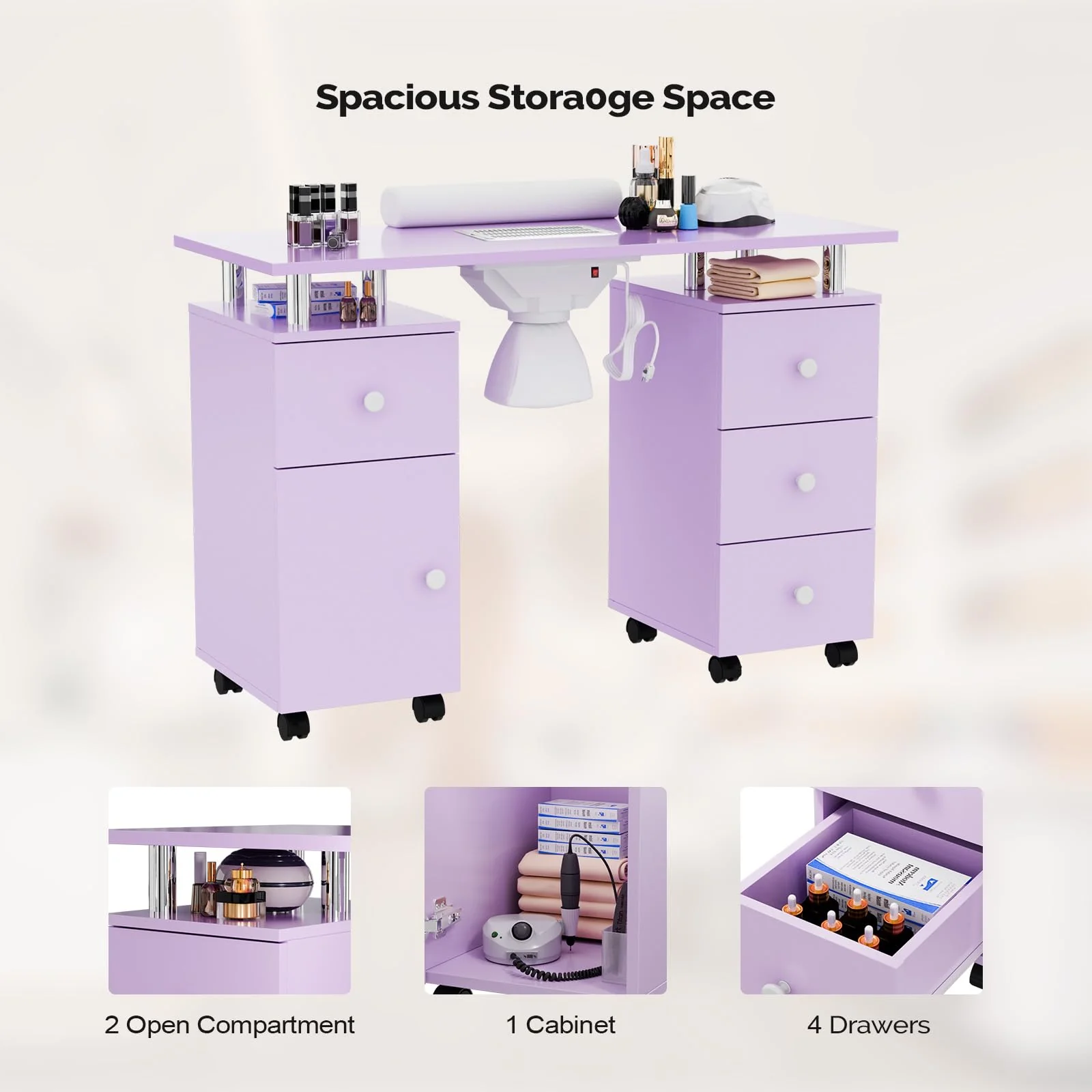 Omysalon MT-DC Nail Manicure Table w/Electric Dust Collector & Wrist Rest & 2 Open Spaces 1 Side Cabinet 4 Drawers - Image 30