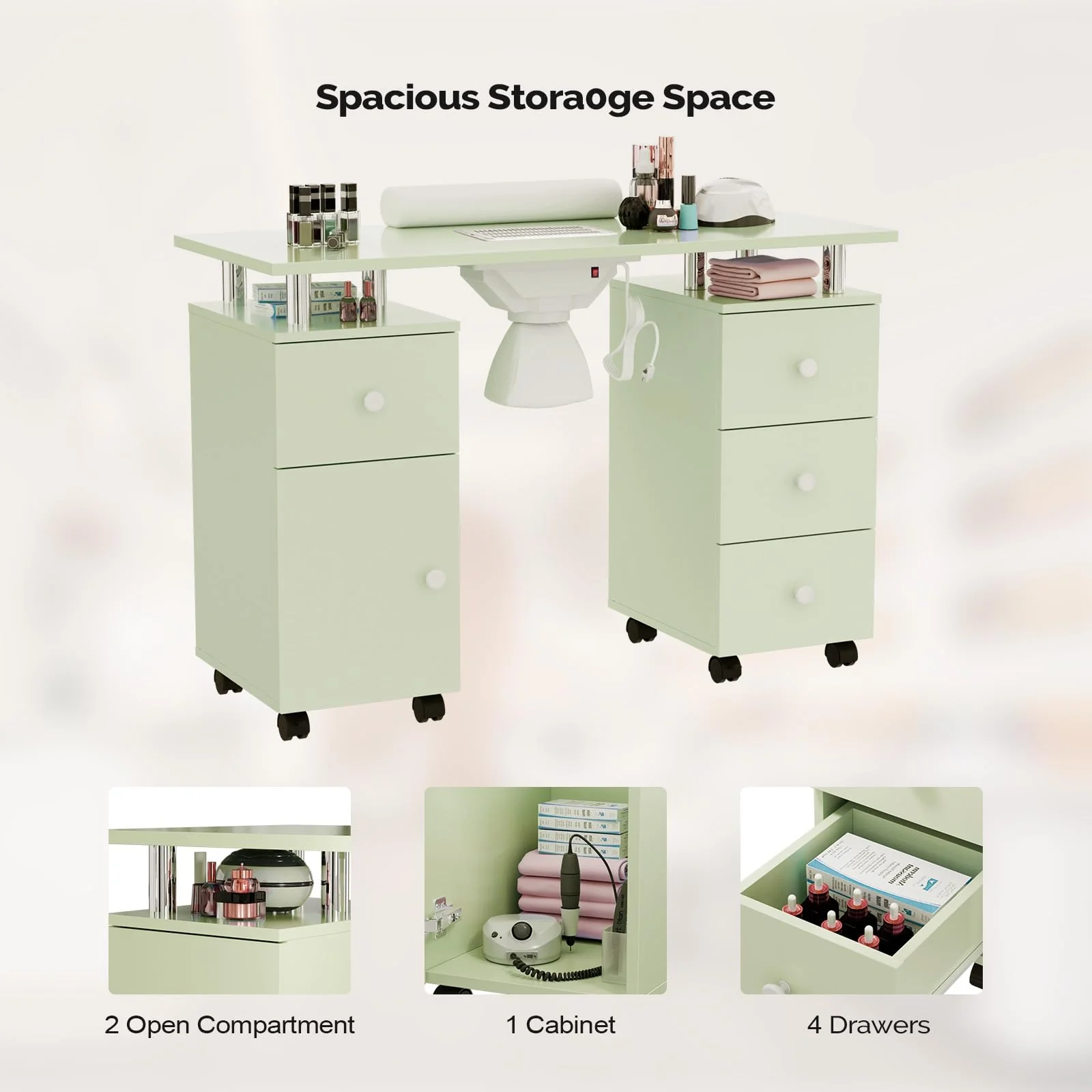 Omysalon MT-DC Nail Manicure Table w/Electric Dust Collector & Wrist Rest & 2 Open Spaces 1 Side Cabinet 4 Drawers - Image 37