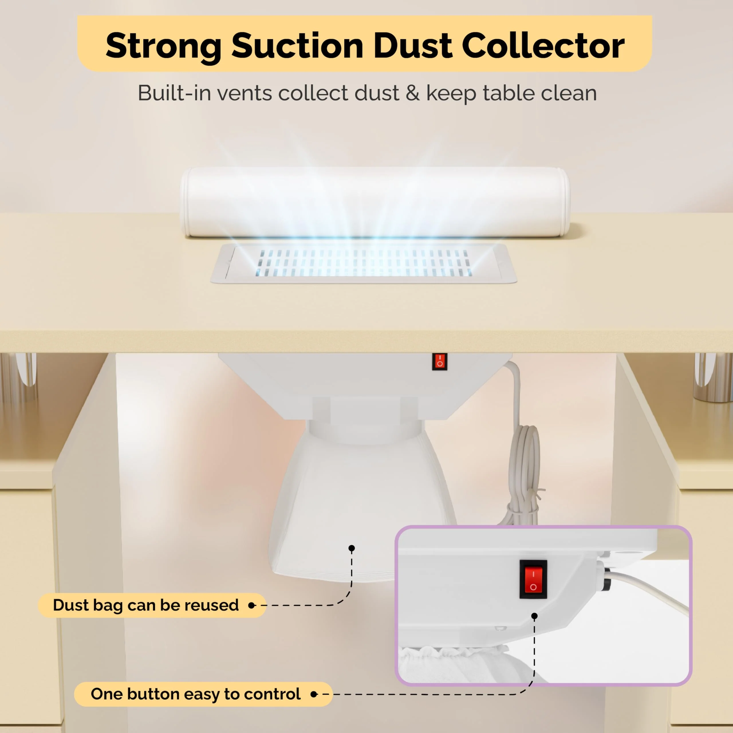 Omysalon MT-DC Nail Manicure Table w/Electric Dust Collector & Wrist Rest & 2 Open Spaces 1 Side Cabinet 4 Drawers - Image 43