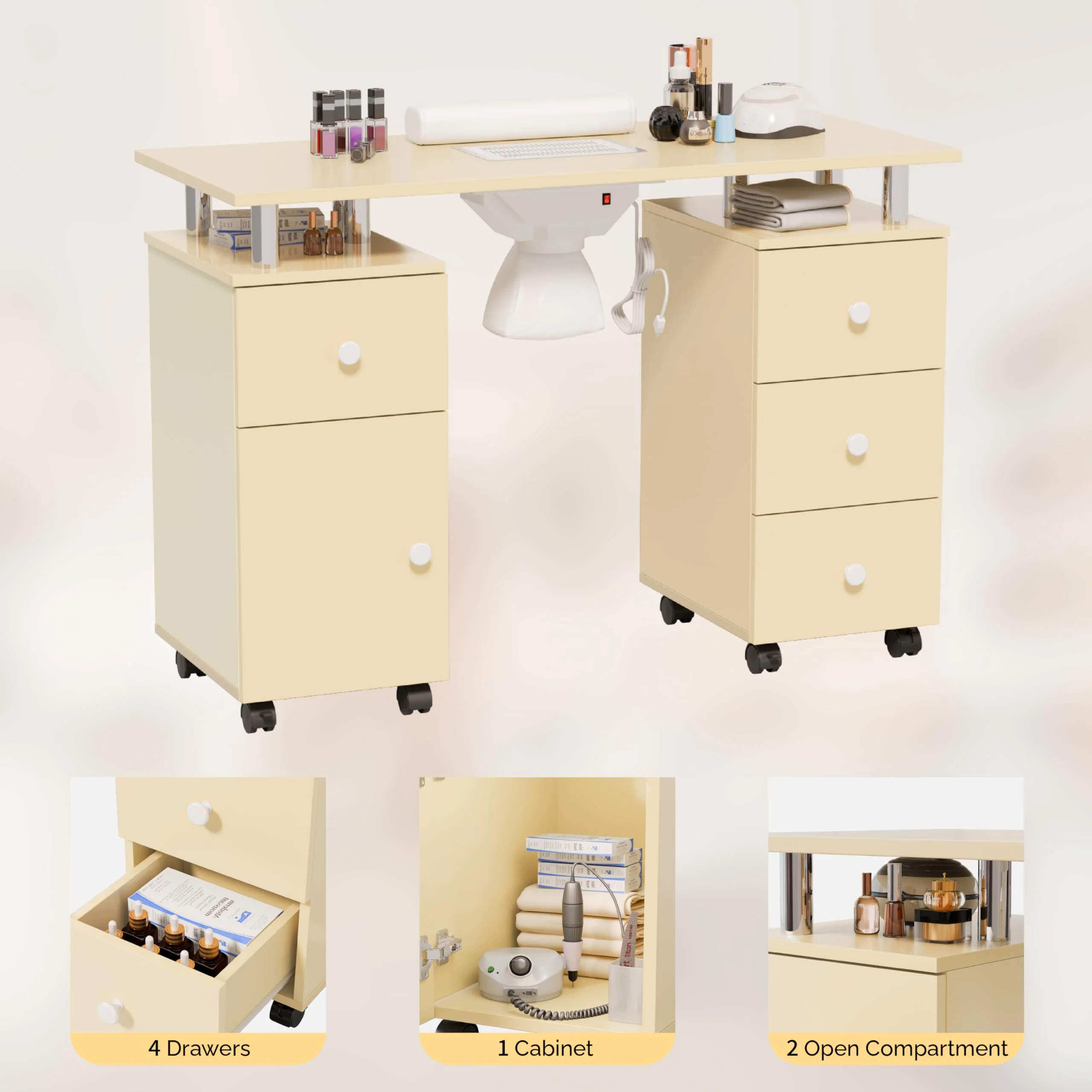 Omysalon MT-DC Nail Manicure Table w/Electric Dust Collector & Wrist Rest & 2 Open Spaces 1 Side Cabinet 4 Drawers - Image 44