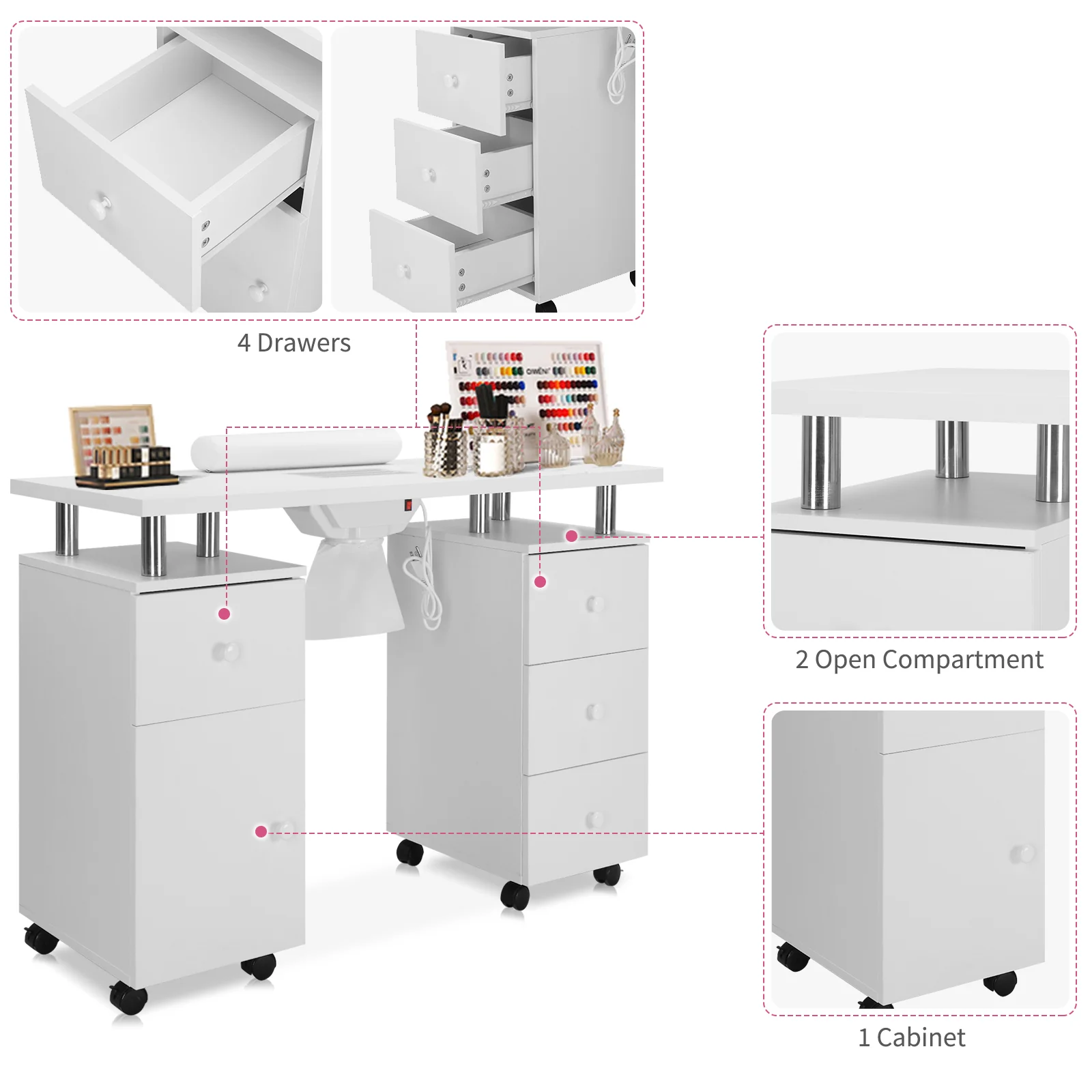 Omysalon MT-DC Nail Manicure Table w/Electric Dust Collector & Wrist Rest & 2 Open Spaces 1 Side Cabinet 4 Drawers - Image 5