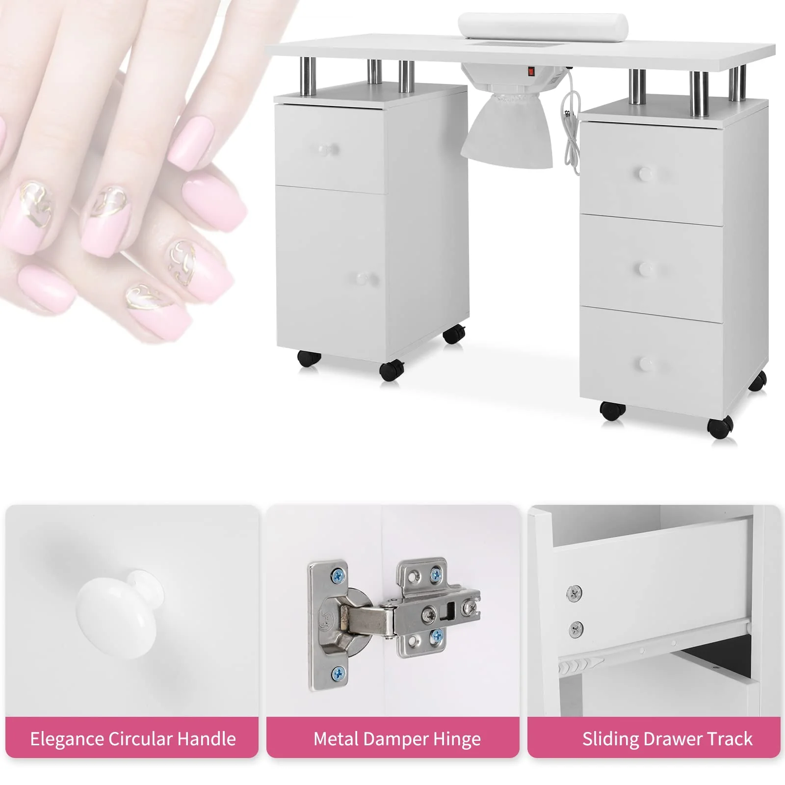 Omysalon MT-DC Nail Manicure Table w/Electric Dust Collector & Wrist Rest & 2 Open Spaces 1 Side Cabinet 4 Drawers - Image 6