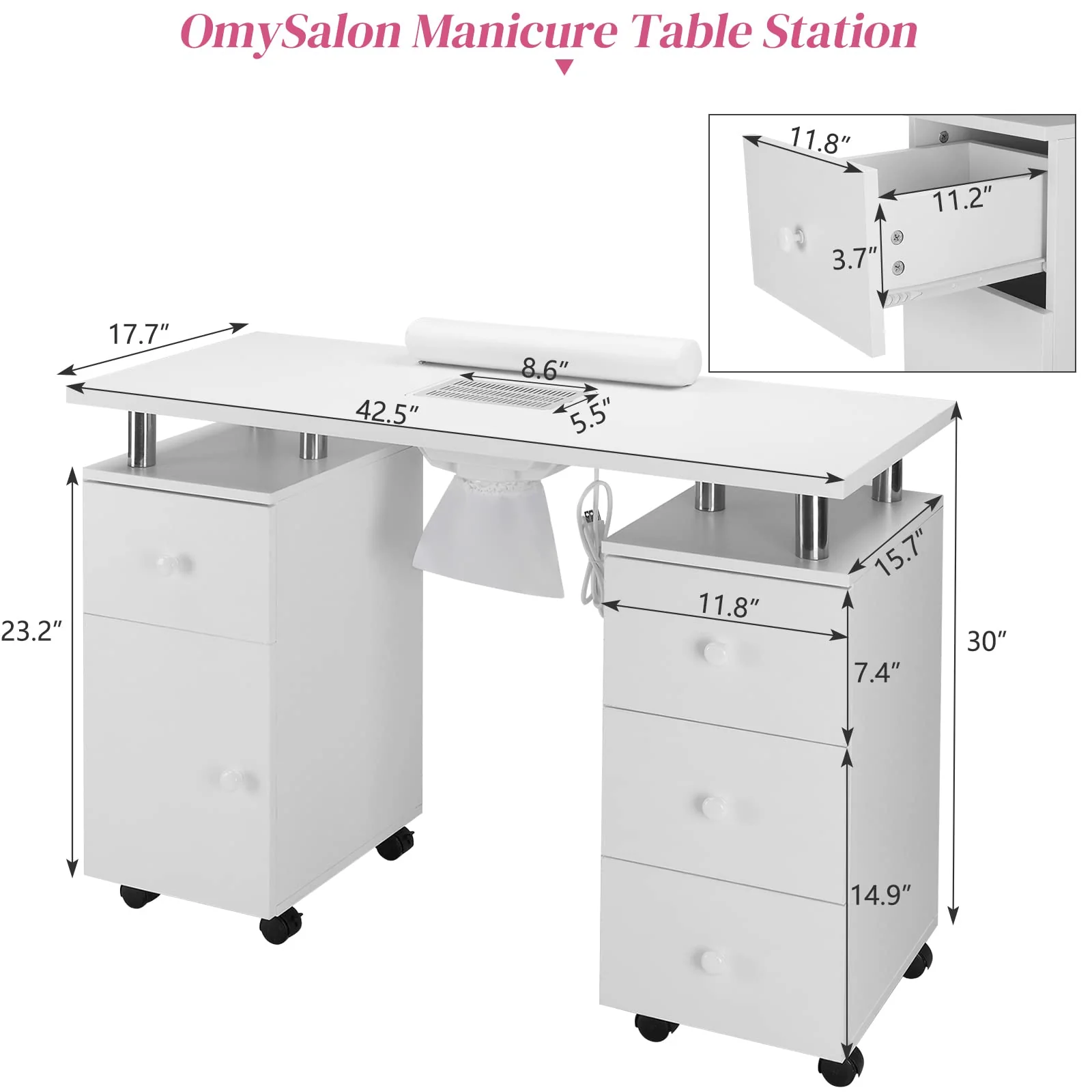 Omysalon MT-DC Nail Manicure Table w/Electric Dust Collector & Wrist Rest & 2 Open Spaces 1 Side Cabinet 4 Drawers - Image 9