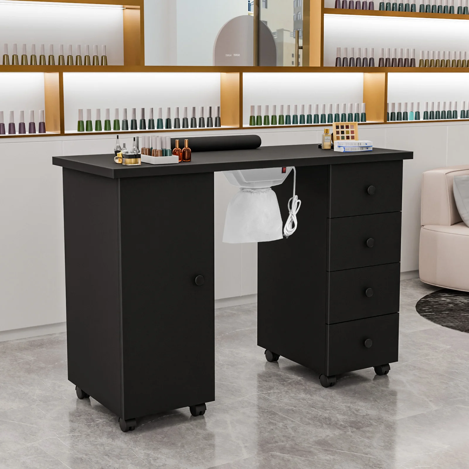 Omysalon 4DMT-DC Nail Manicure Table w/Electric Dust Collector & Wrist Rest & 1 Large Cabinet 4 Drawers - Image 15