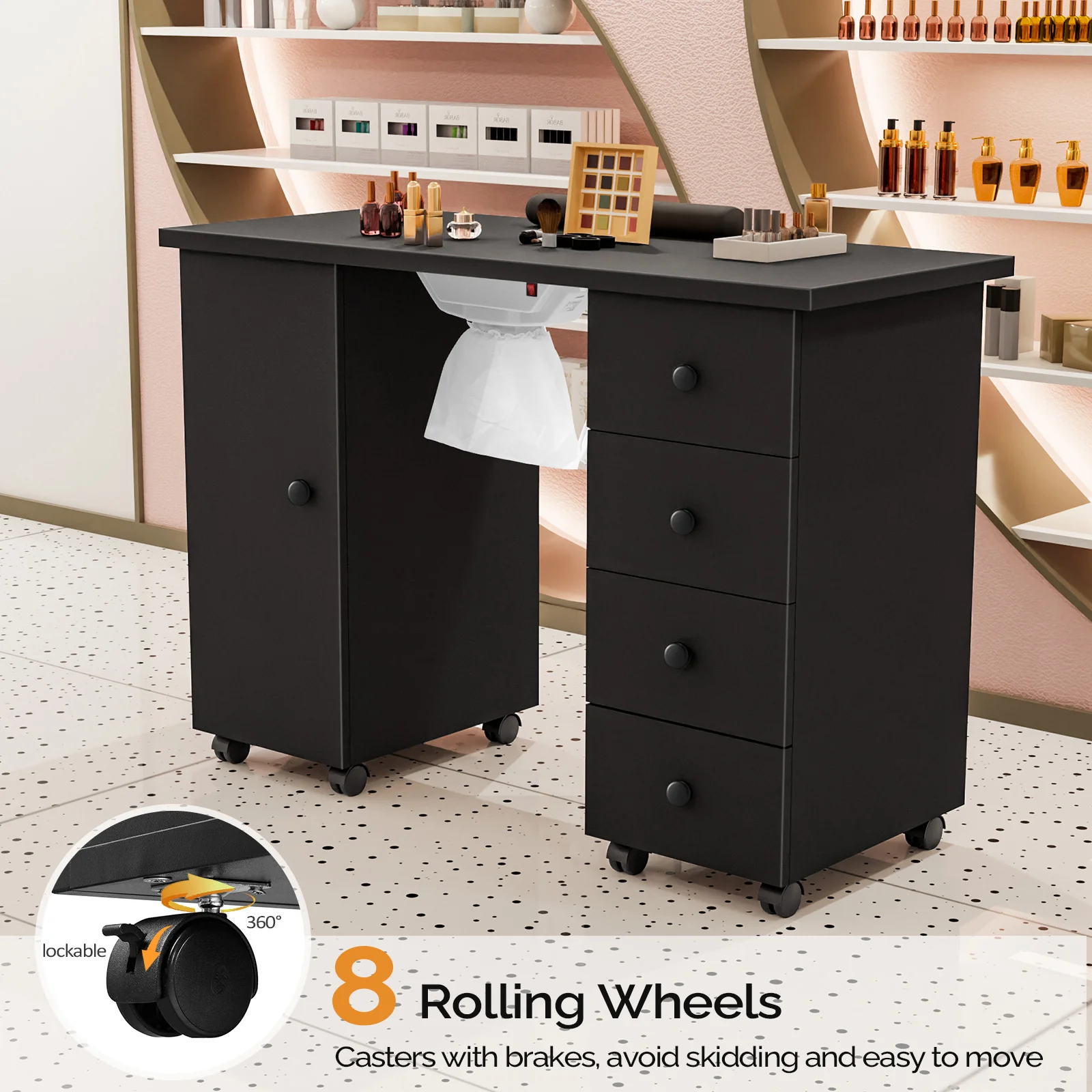 Omysalon 4DMT-DC Nail Manicure Table w/Electric Dust Collector & Wrist Rest & 1 Large Cabinet 4 Drawers - Image 16