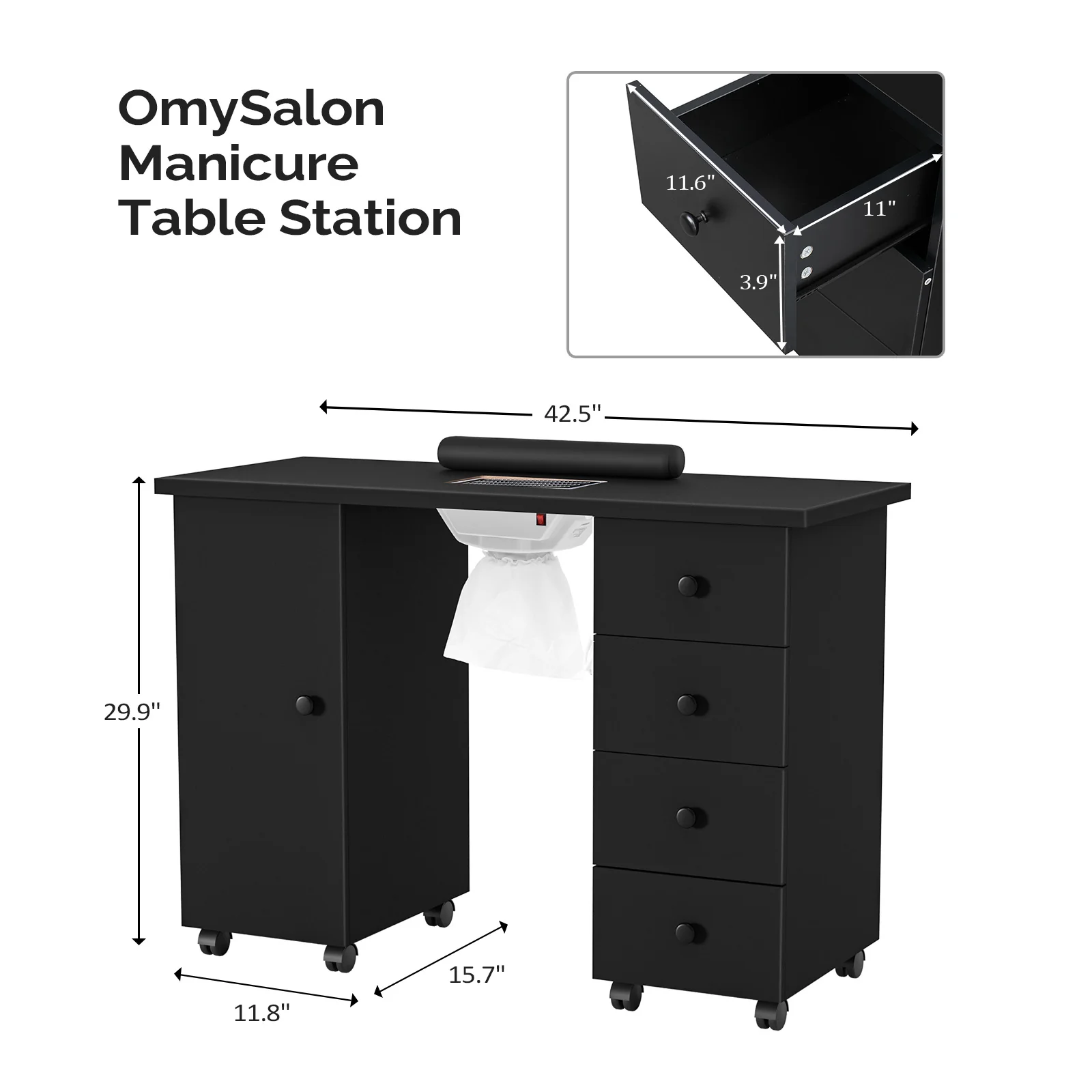 Omysalon 4DMT-DC Nail Manicure Table w/Electric Dust Collector & Wrist Rest & 1 Large Cabinet 4 Drawers - Image 18