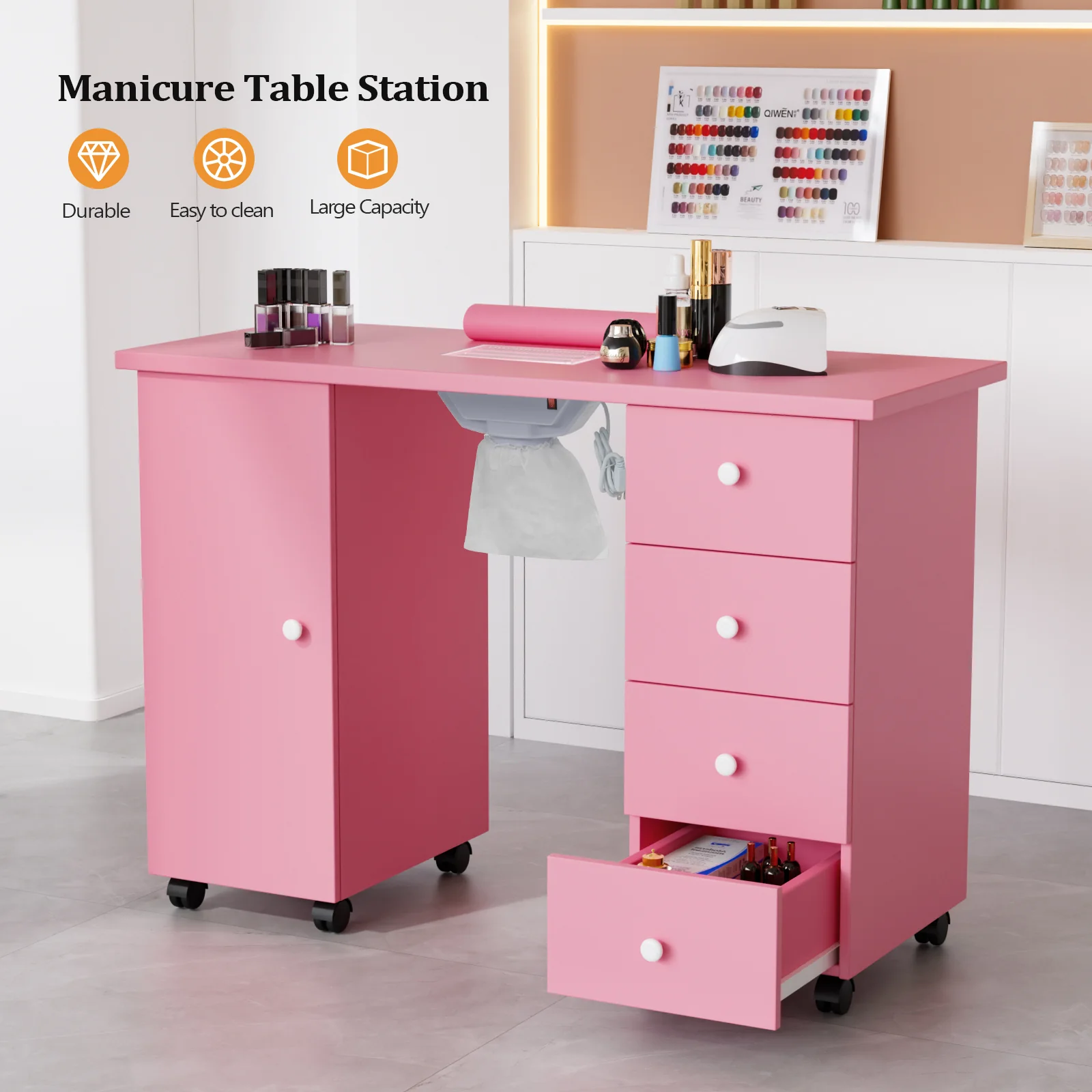 Omysalon 4DMT-DC Nail Manicure Table w/Electric Dust Collector & Wrist Rest & 1 Large Cabinet 4 Drawers - Image 20