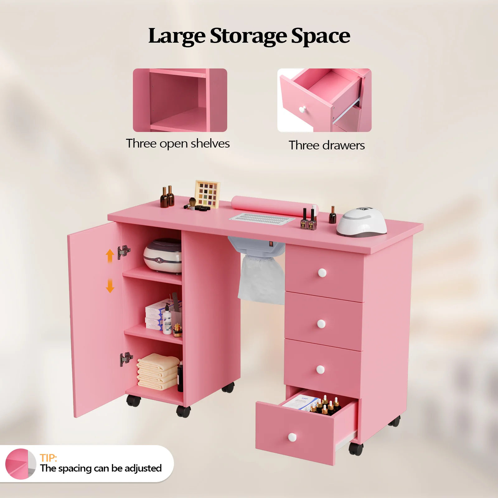Omysalon 4DMT-DC Nail Manicure Table w/Electric Dust Collector & Wrist Rest & 1 Large Cabinet 4 Drawers - Image 21