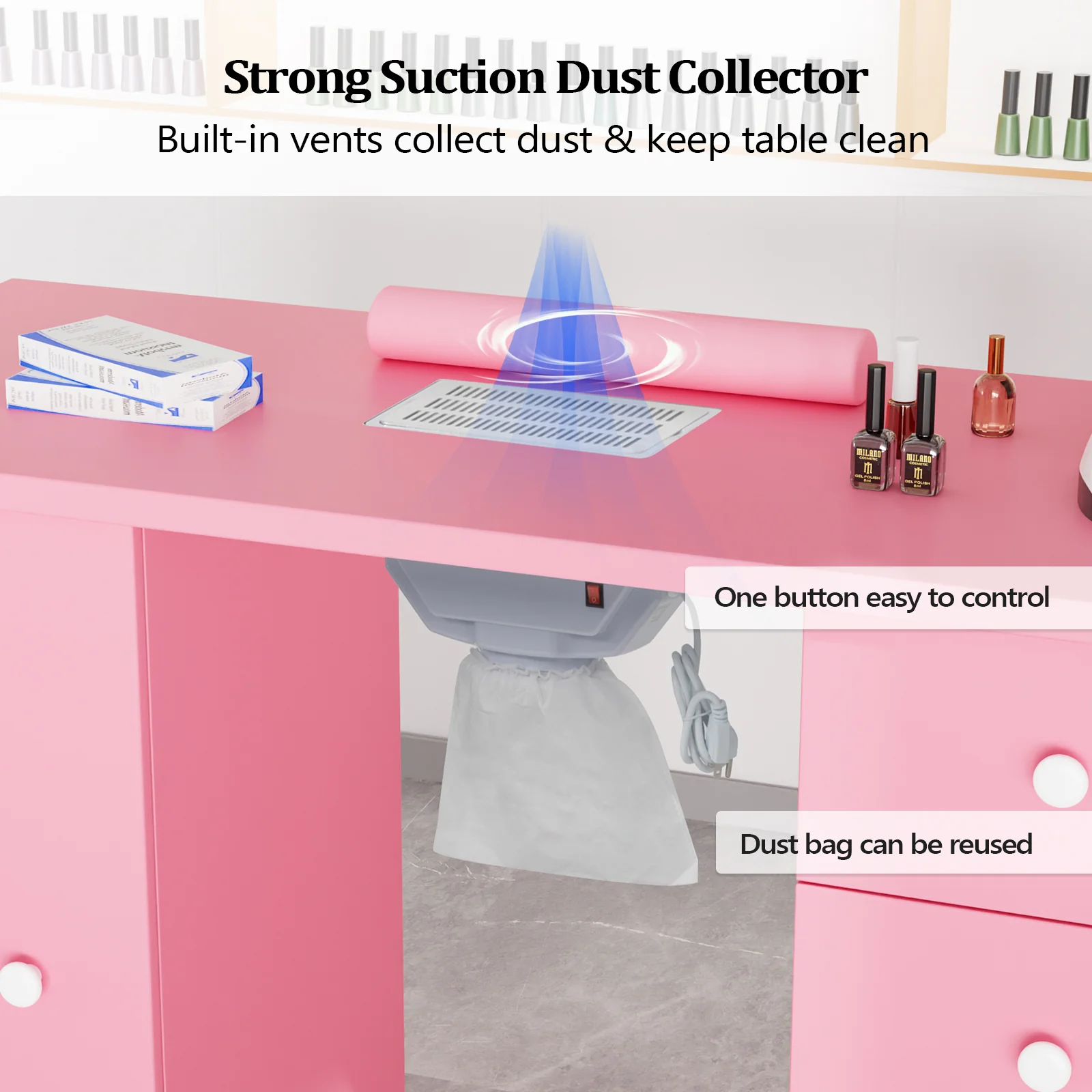 Omysalon 4DMT-DC Nail Manicure Table w/Electric Dust Collector & Wrist Rest & 1 Large Cabinet 4 Drawers - Image 22