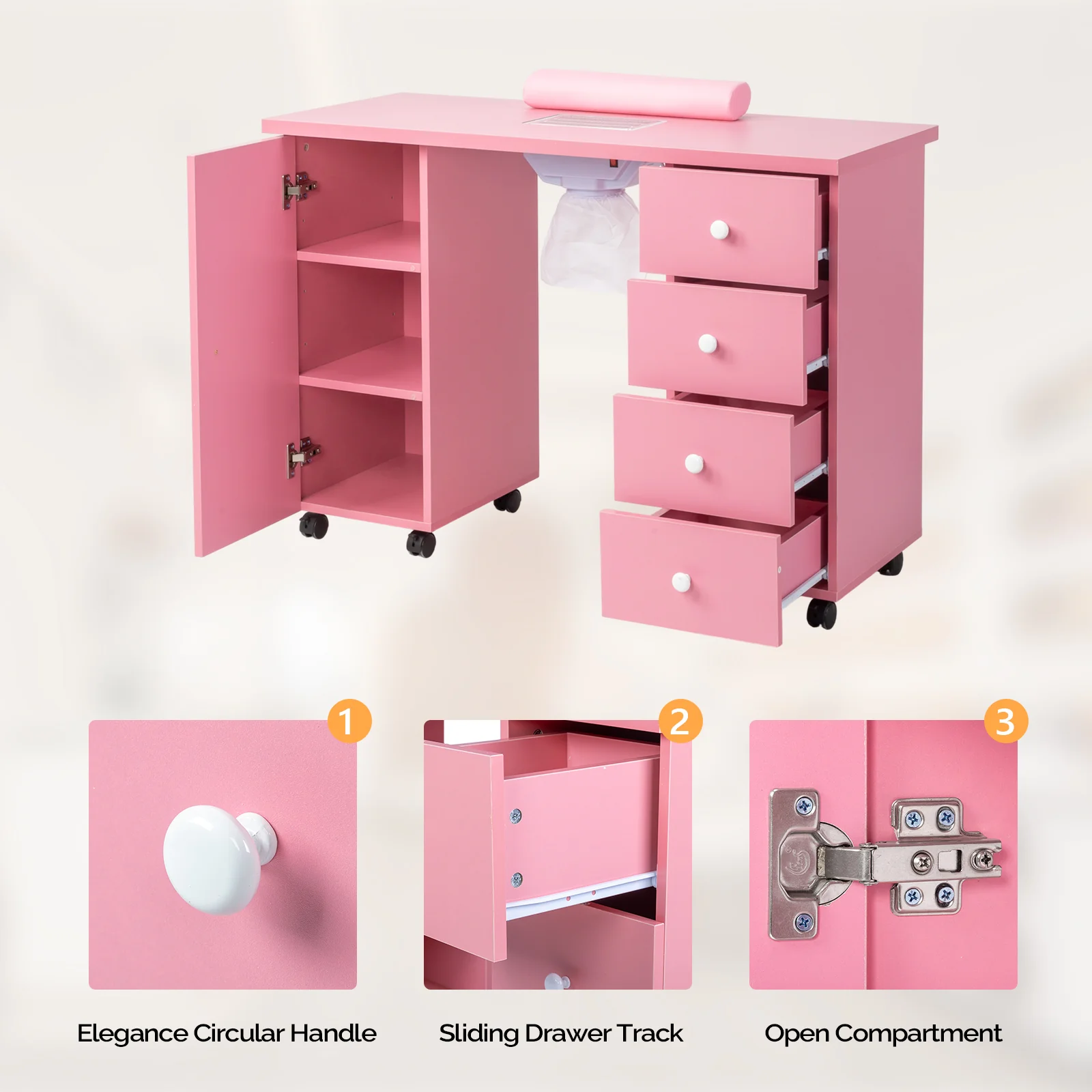 Omysalon 4DMT-DC Nail Manicure Table w/Electric Dust Collector & Wrist Rest & 1 Large Cabinet 4 Drawers - Image 25