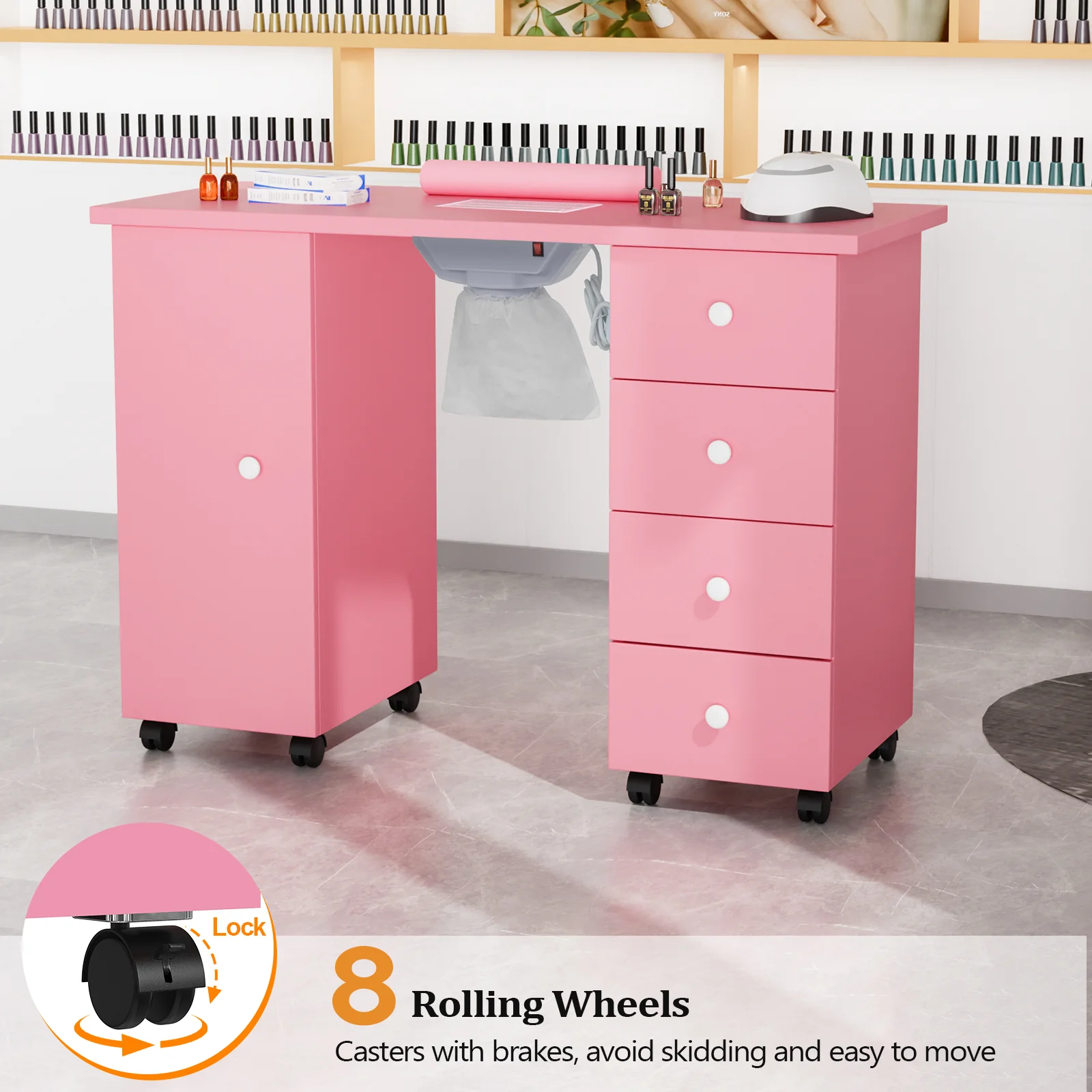 Omysalon 4DMT-DC Nail Manicure Table w/Electric Dust Collector & Wrist Rest & 1 Large Cabinet 4 Drawers - Image 26