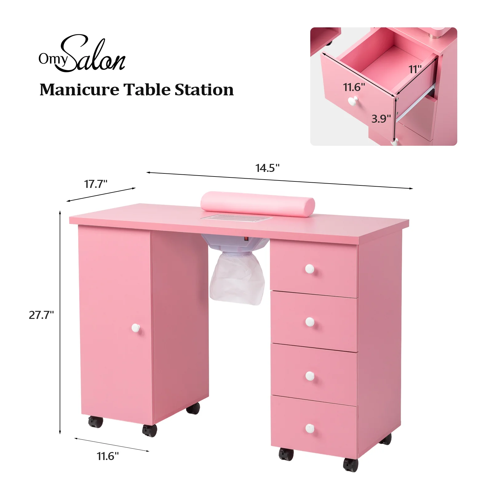 Omysalon 4DMT-DC Nail Manicure Table w/Electric Dust Collector & Wrist Rest & 1 Large Cabinet 4 Drawers - Image 27