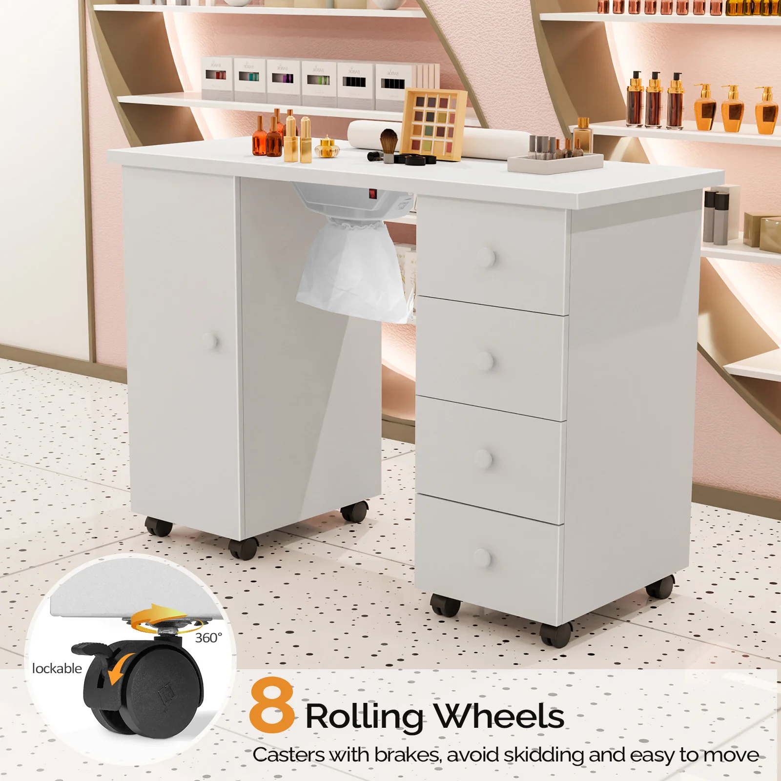 Omysalon 4DMT-DC Nail Manicure Table w/Electric Dust Collector & Wrist Rest & 1 Large Cabinet 4 Drawers - Image 7