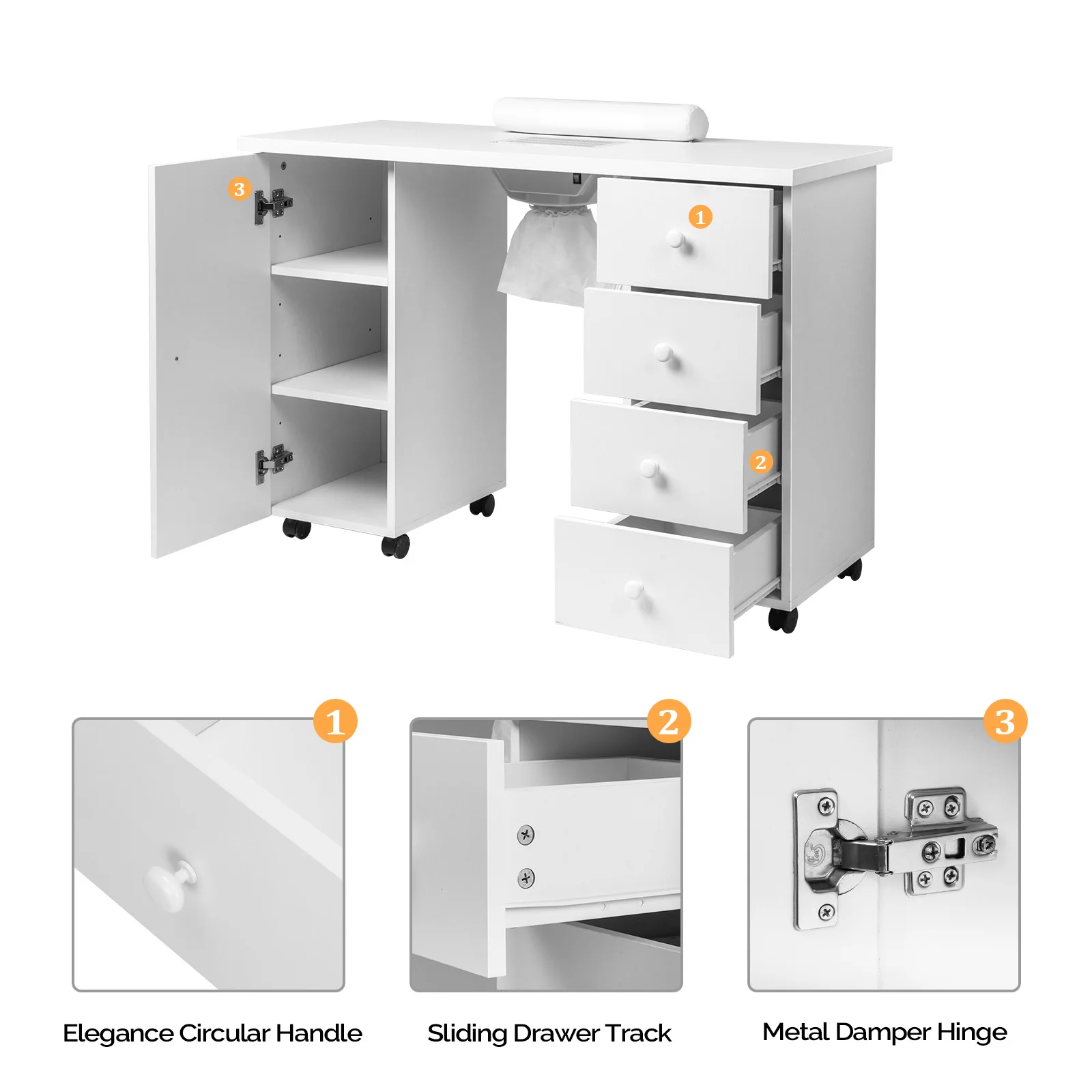 Omysalon 4DMT-DC Nail Manicure Table w/Electric Dust Collector & Wrist Rest & 1 Large Cabinet 4 Drawers - Image 8