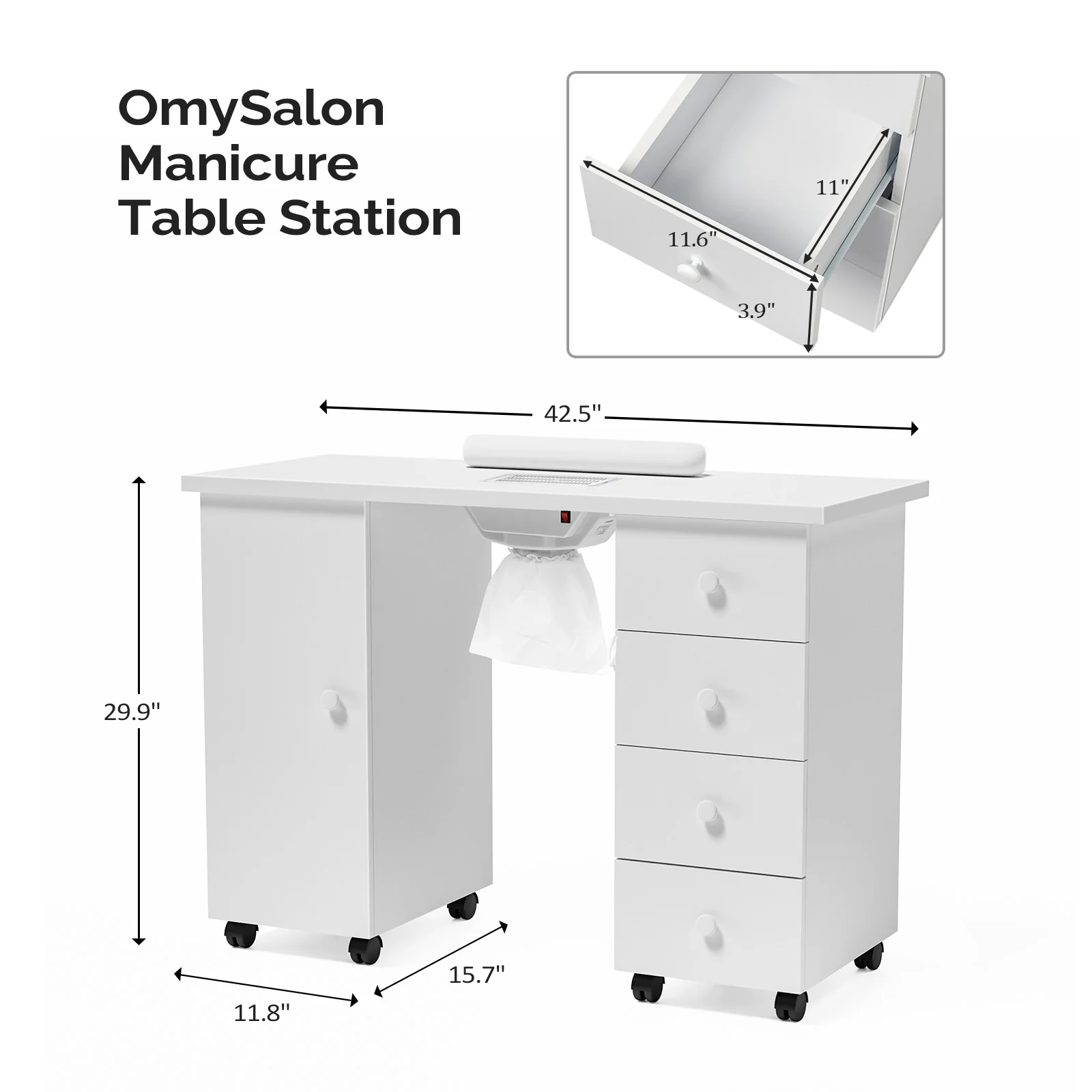 Omysalon 4DMT-DC Nail Manicure Table w/Electric Dust Collector & Wrist Rest & 1 Large Cabinet 4 Drawers - Image 9
