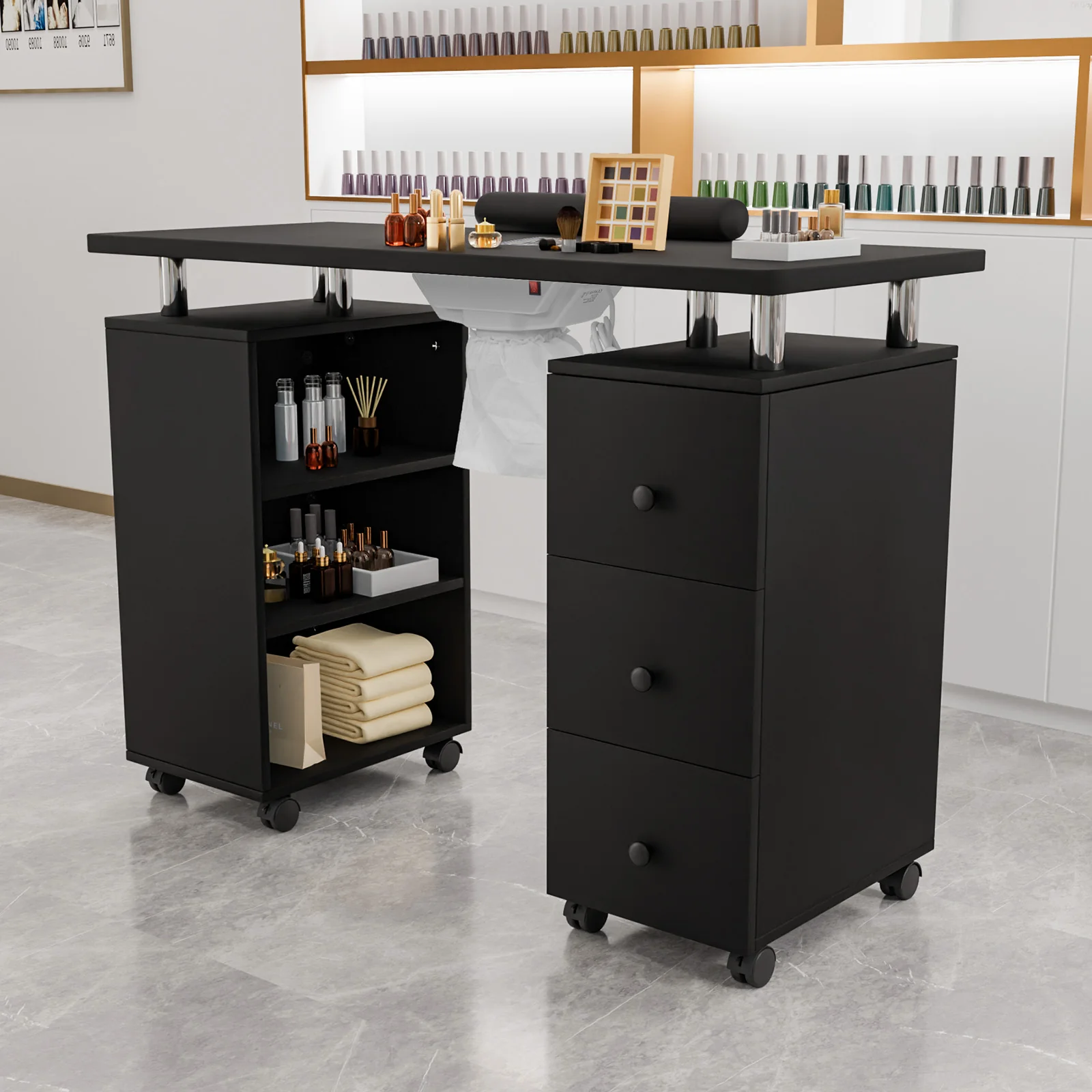 Omysalon 3DMT-DC Nail Manicure Table w/Electric Dust Collector & Wrist Rest & 3 Layers Open Side Cabinets 3 Drawers - Image 11