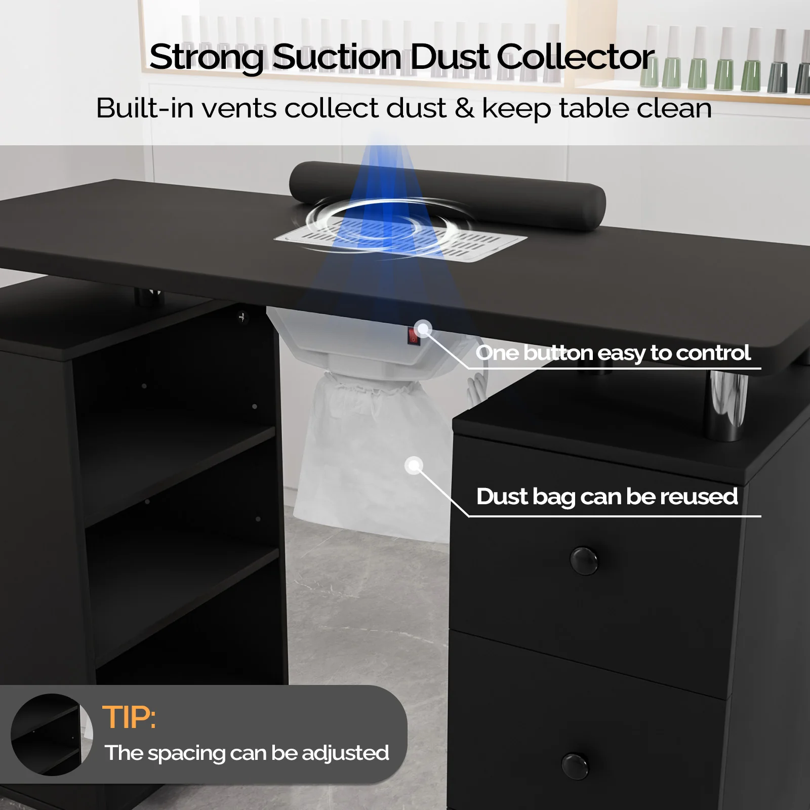 Omysalon 3DMT-DC Nail Manicure Table w/Electric Dust Collector & Wrist Rest & 3 Layers Open Side Cabinets 3 Drawers - Image 12