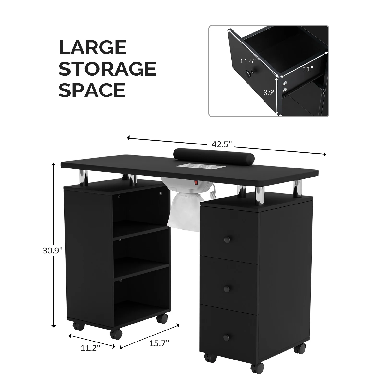 Omysalon 3DMT-DC Nail Manicure Table w/Electric Dust Collector & Wrist Rest & 3 Layers Open Side Cabinets 3 Drawers - Image 18