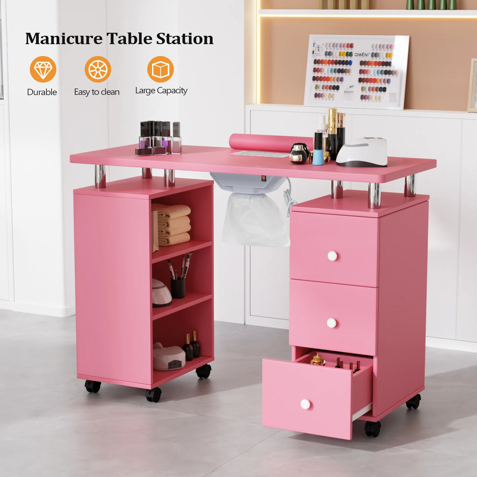 Omysalon 3DMT-DC Nail Manicure Table w/Electric Dust Collector & Wrist Rest & 3 Layers Open Side Cabinets 3 Drawers - Image 20