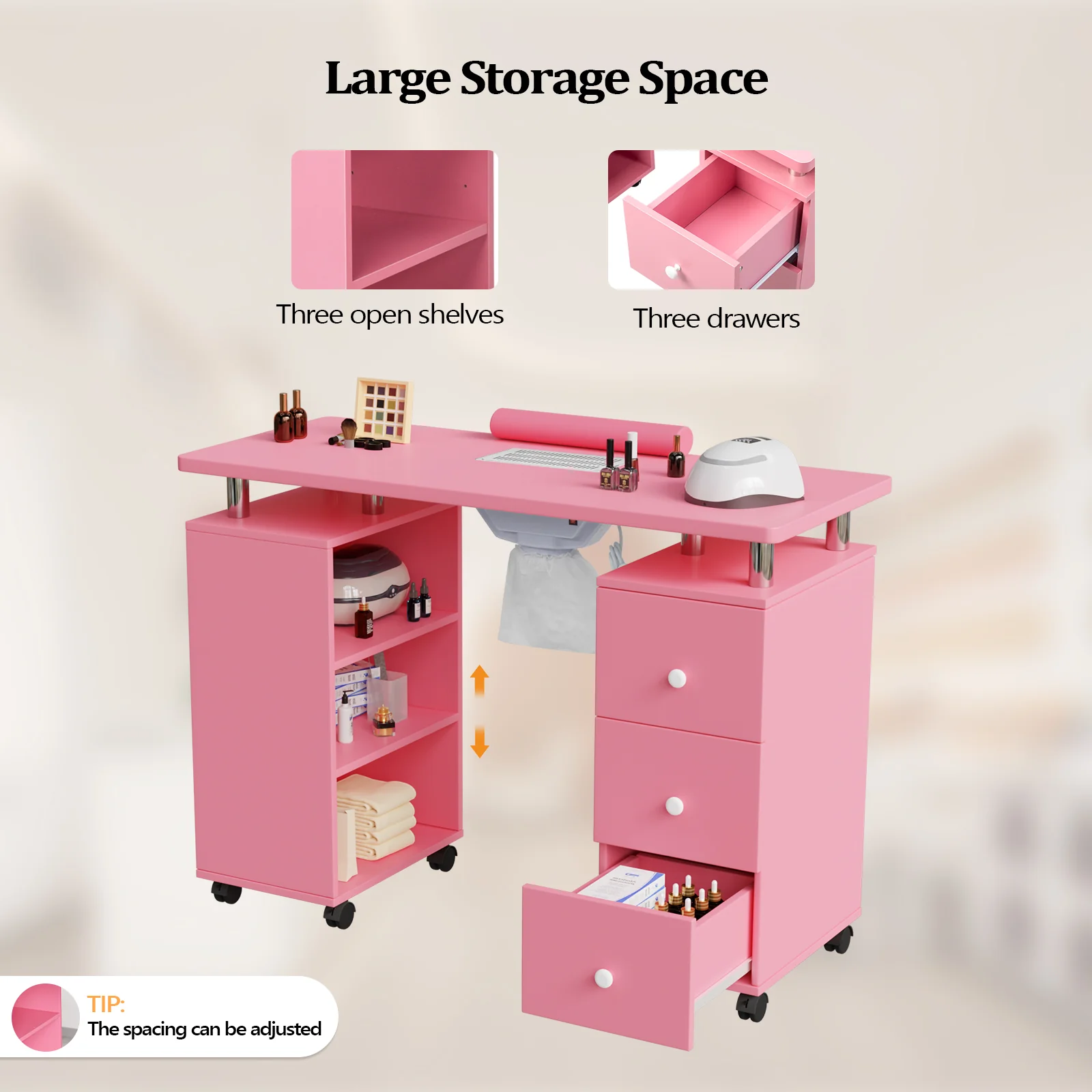 Omysalon 3DMT-DC Nail Manicure Table w/Electric Dust Collector & Wrist Rest & 3 Layers Open Side Cabinets 3 Drawers - Image 21