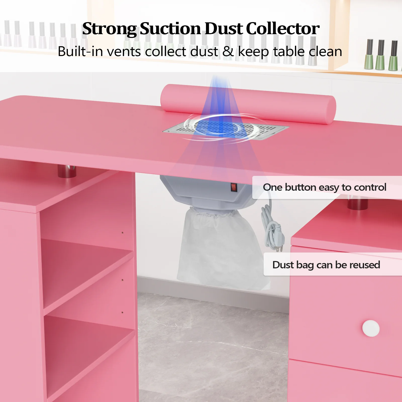 Omysalon 3DMT-DC Nail Manicure Table w/Electric Dust Collector & Wrist Rest & 3 Layers Open Side Cabinets 3 Drawers - Image 22