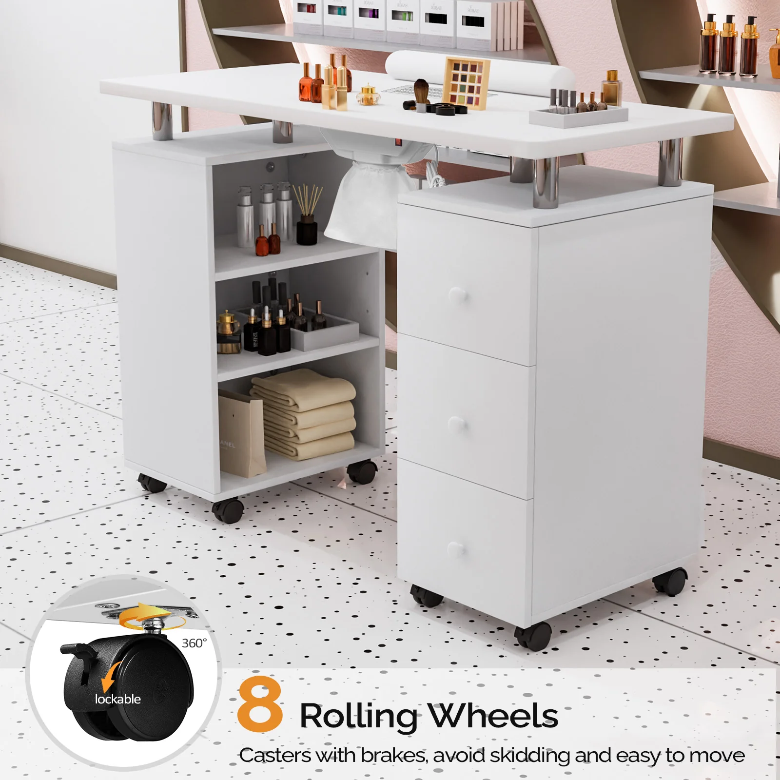 Omysalon 3DMT-DC Nail Manicure Table w/Electric Dust Collector & Wrist Rest & 3 Layers Open Side Cabinets 3 Drawers - Image 7