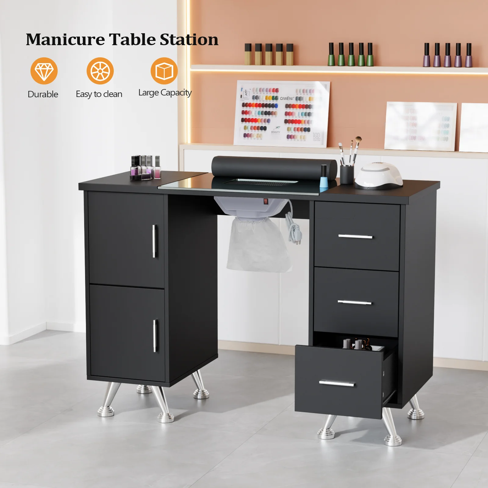 OmySalon MTDGL Nail Manicure Table w/Glass Top & Electric Dust Collector & Wrist Rest - Image 11
