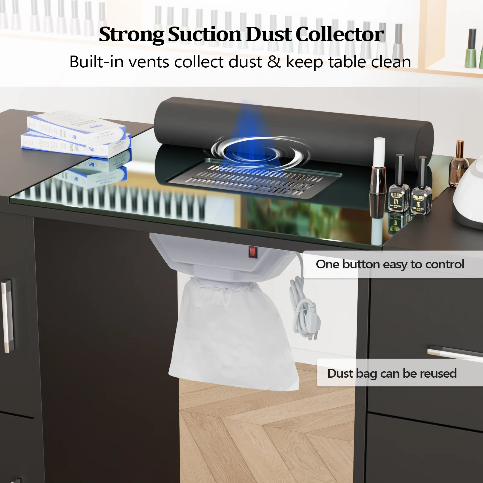 OmySalon MTDGL Nail Manicure Table w/Glass Top & Electric Dust Collector & Wrist Rest - Image 12