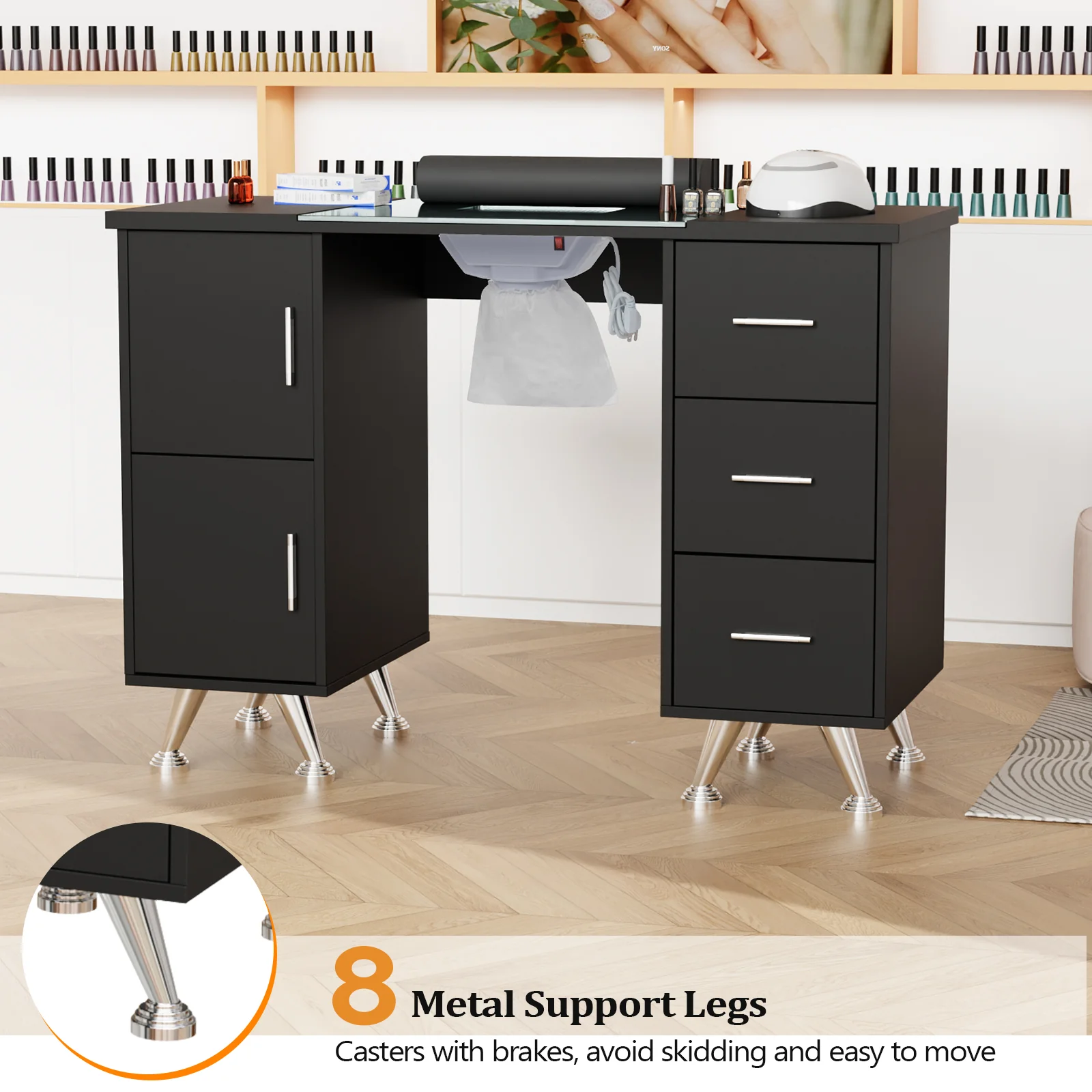 OmySalon MTDGL Nail Manicure Table w/Glass Top & Electric Dust Collector & Wrist Rest - Image 17