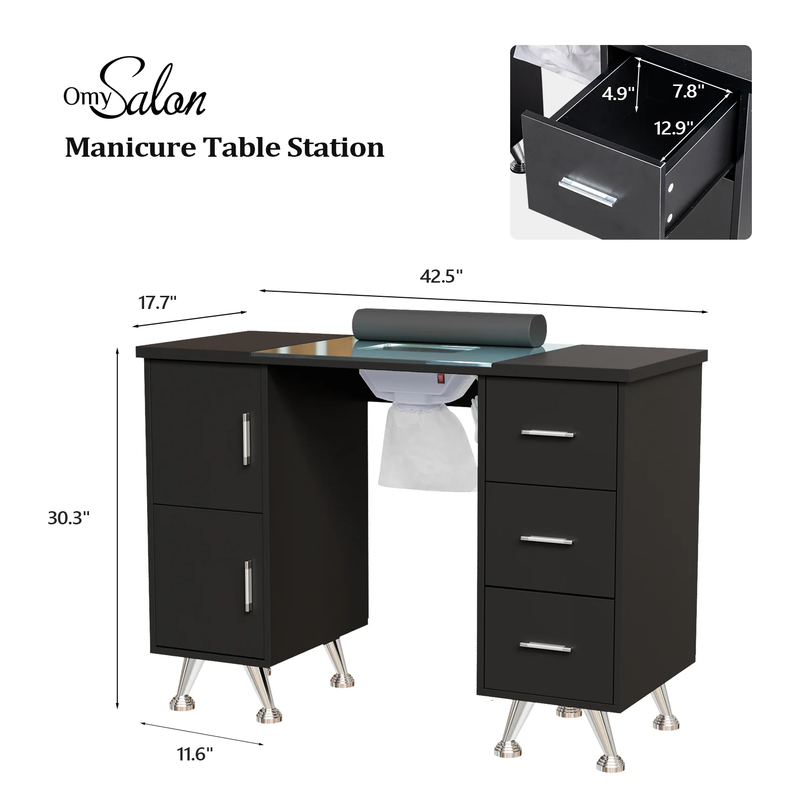 OmySalon MTDGL Nail Manicure Table w/Glass Top & Electric Dust Collector & Wrist Rest - Image 18