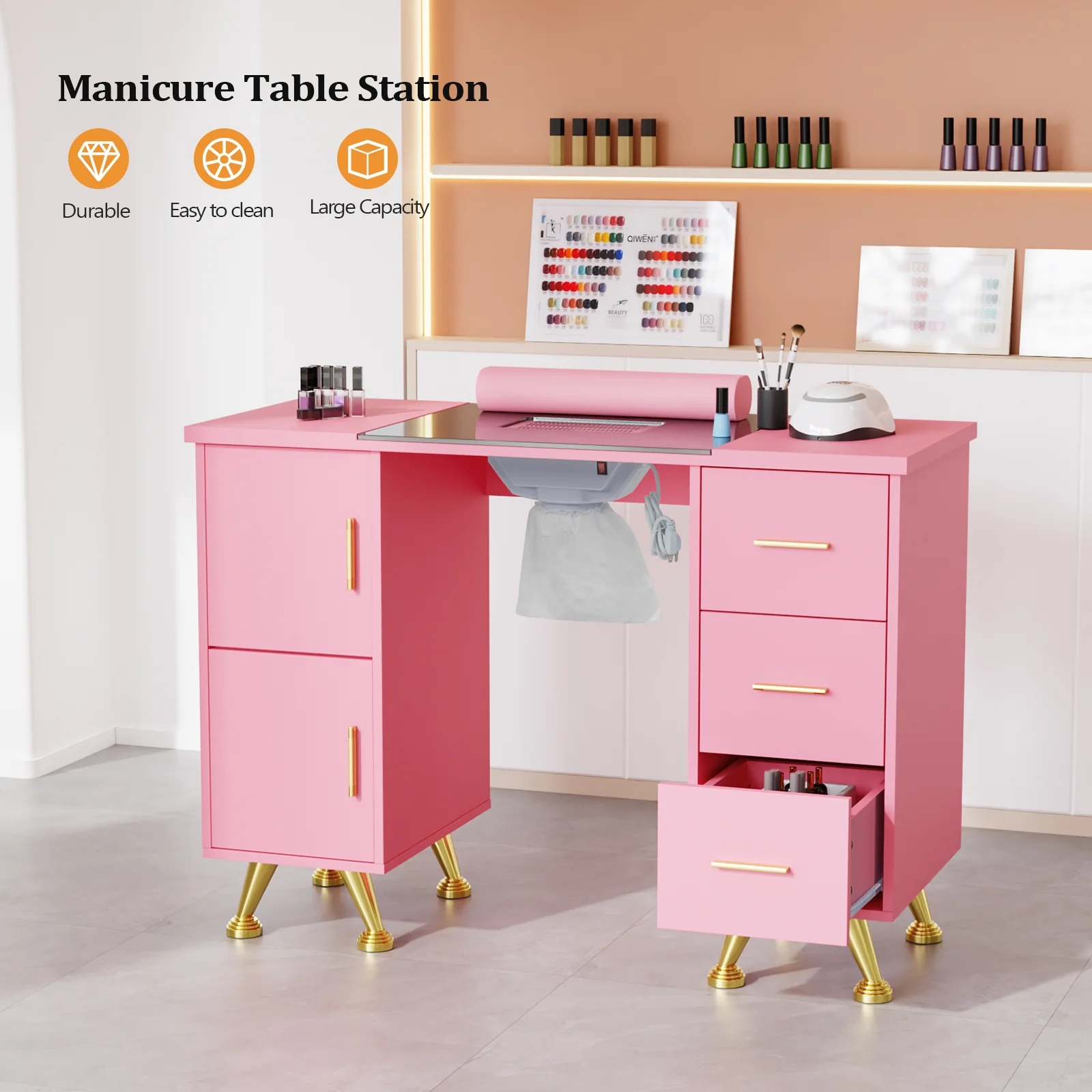 OmySalon MTDGL Nail Manicure Table w/Glass Top & Electric Dust Collector & Wrist Rest - Image 20
