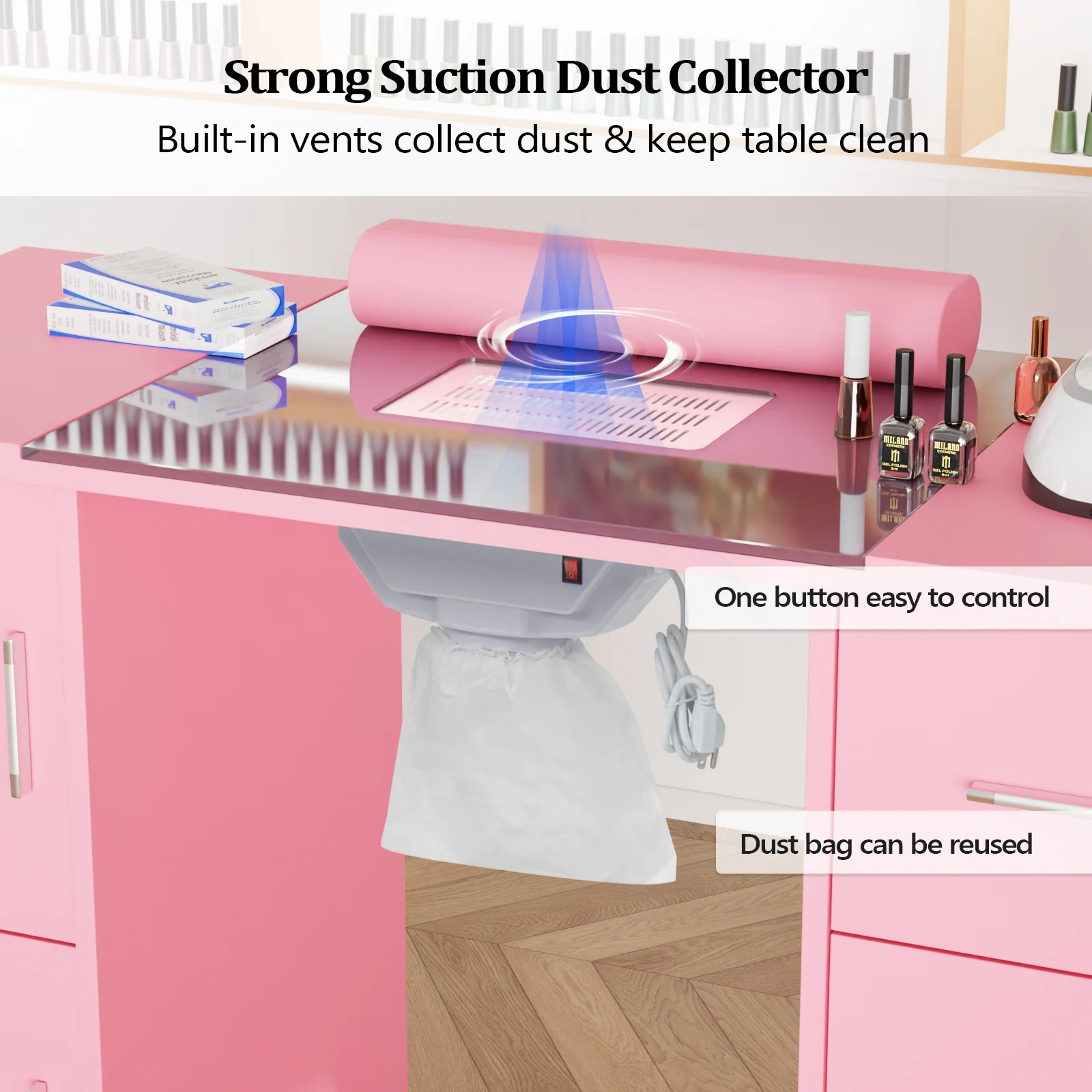 OmySalon MTDGL Nail Manicure Table w/Glass Top & Electric Dust Collector & Wrist Rest - Image 21