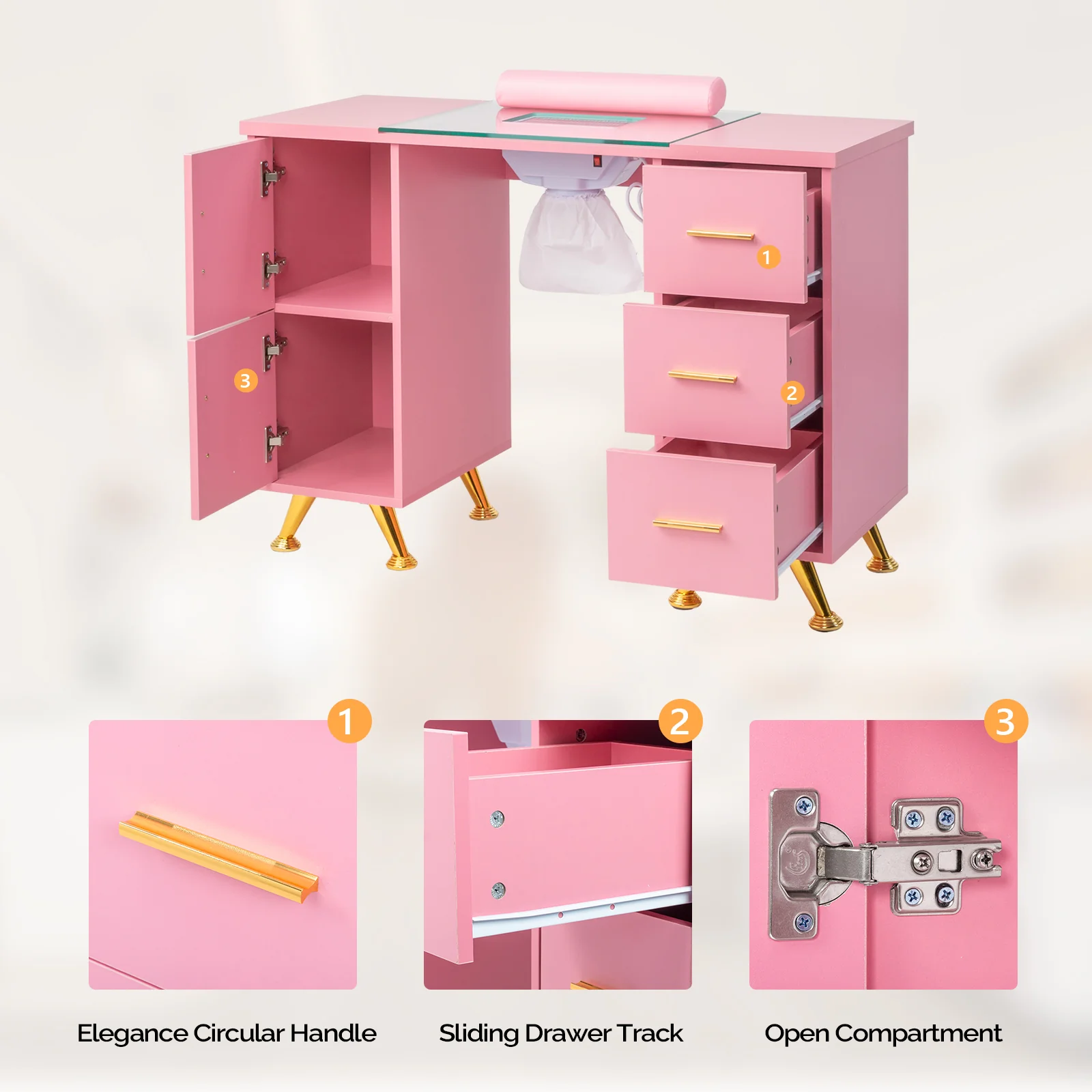 OmySalon MTDGL Nail Manicure Table w/Glass Top & Electric Dust Collector & Wrist Rest - Image 24