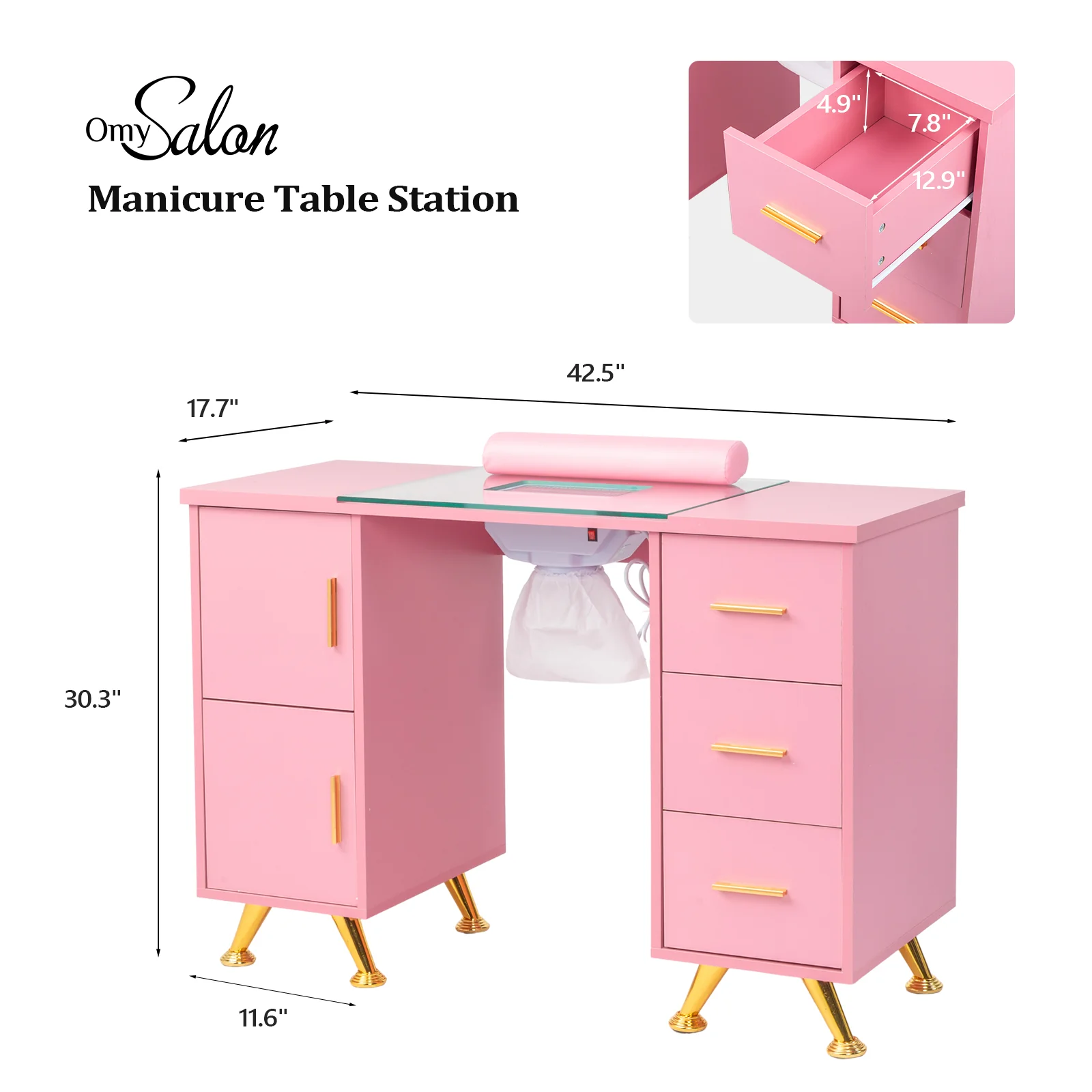 OmySalon MTDGL Nail Manicure Table w/Glass Top & Electric Dust Collector & Wrist Rest - Image 27