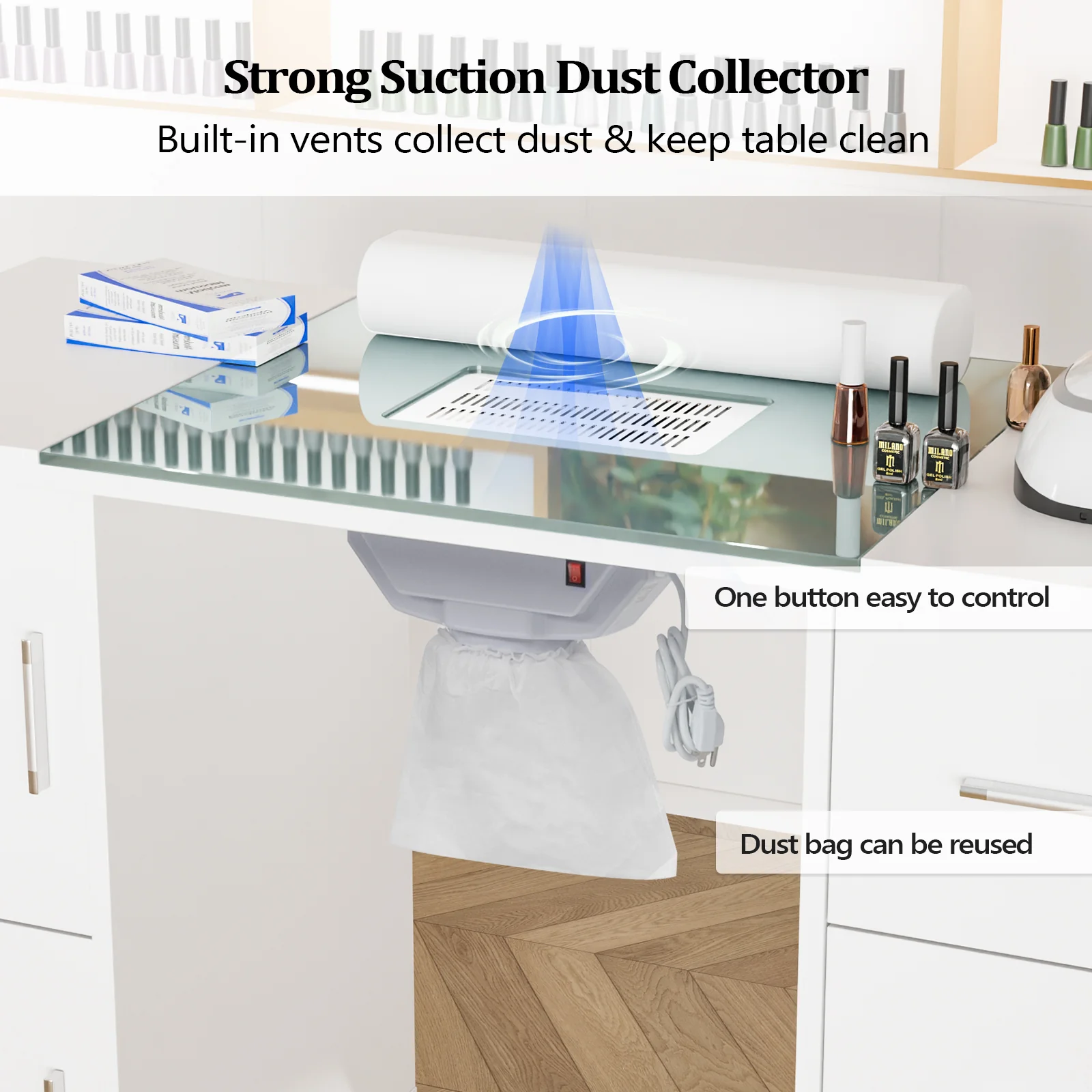 OmySalon MTDGL Nail Manicure Table w/Glass Top & Electric Dust Collector & Wrist Rest - Image 3