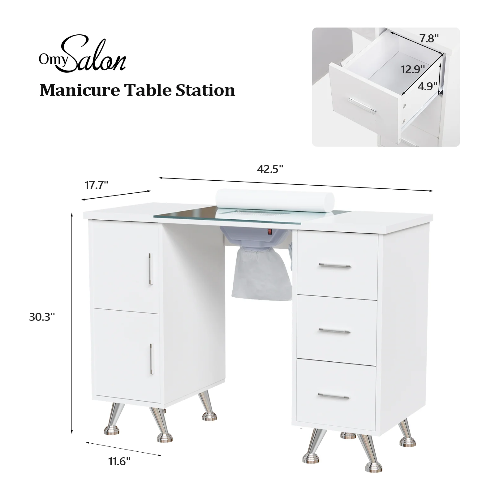 OmySalon MTDGL Nail Manicure Table w/Glass Top & Electric Dust Collector & Wrist Rest - Image 9