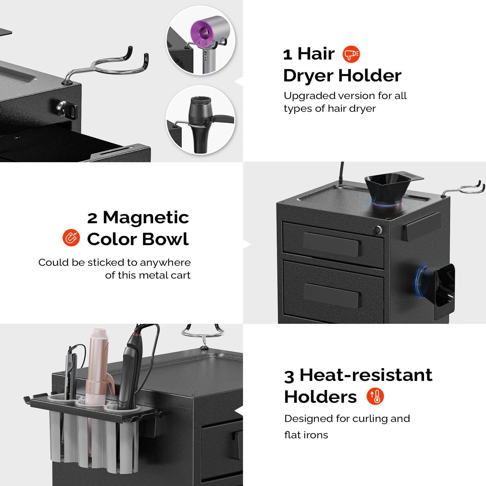 OmySalon ST1901 Metal Rolling Salon Trolley Cart w/2 Lockable Drawers 2 Magnetic Bowls 2 Storage Baskets - Image 4