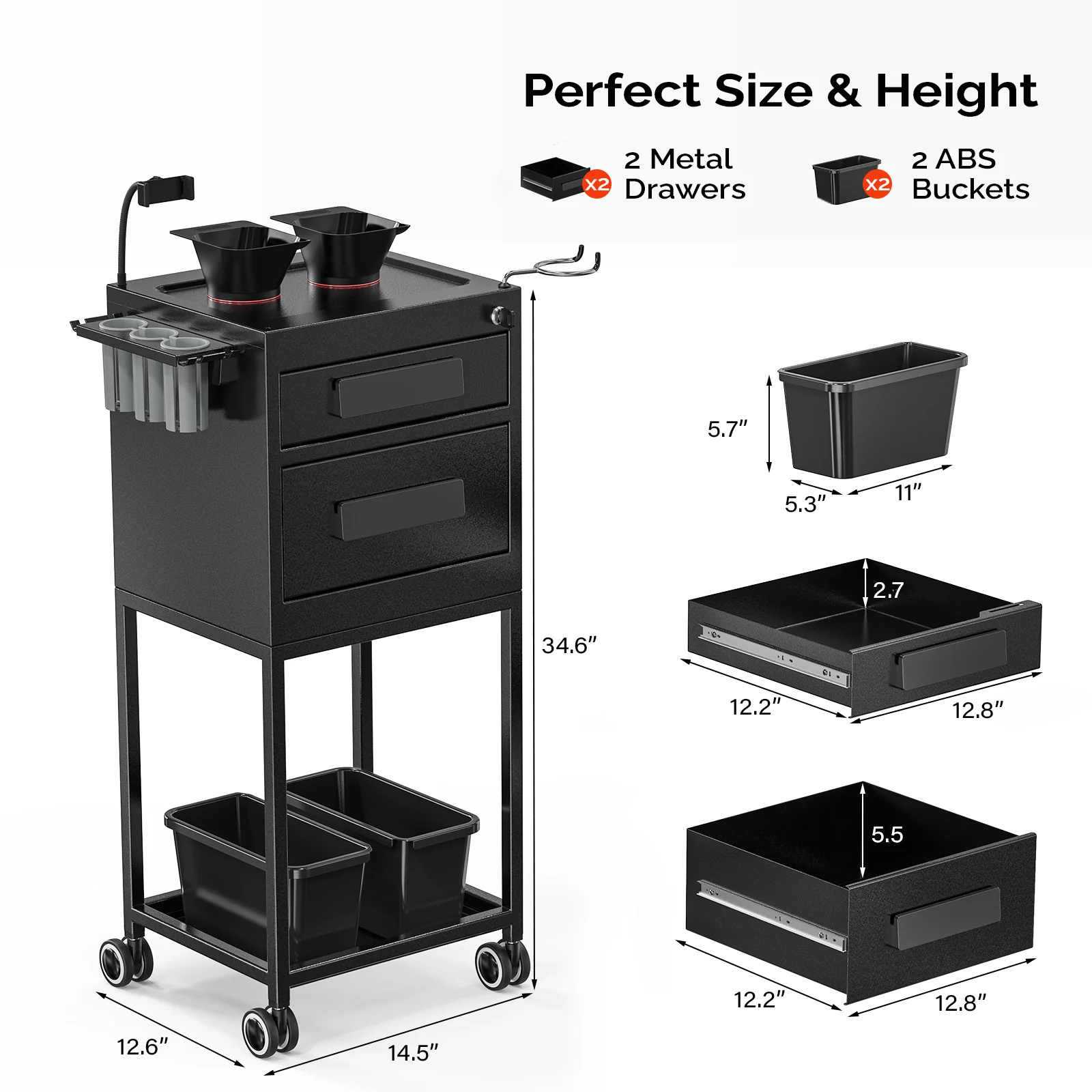 OmySalon ST1901 Metal Rolling Salon Trolley Cart w/2 Lockable Drawers 2 Magnetic Bowls 2 Storage Baskets - Image 6