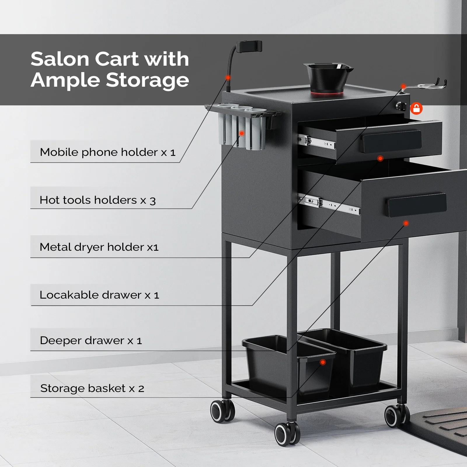 OmySalon ST1901 Metal Rolling Salon Trolley Cart w/2 Lockable Drawers 2 Magnetic Bowls 2 Storage Baskets - Image 7