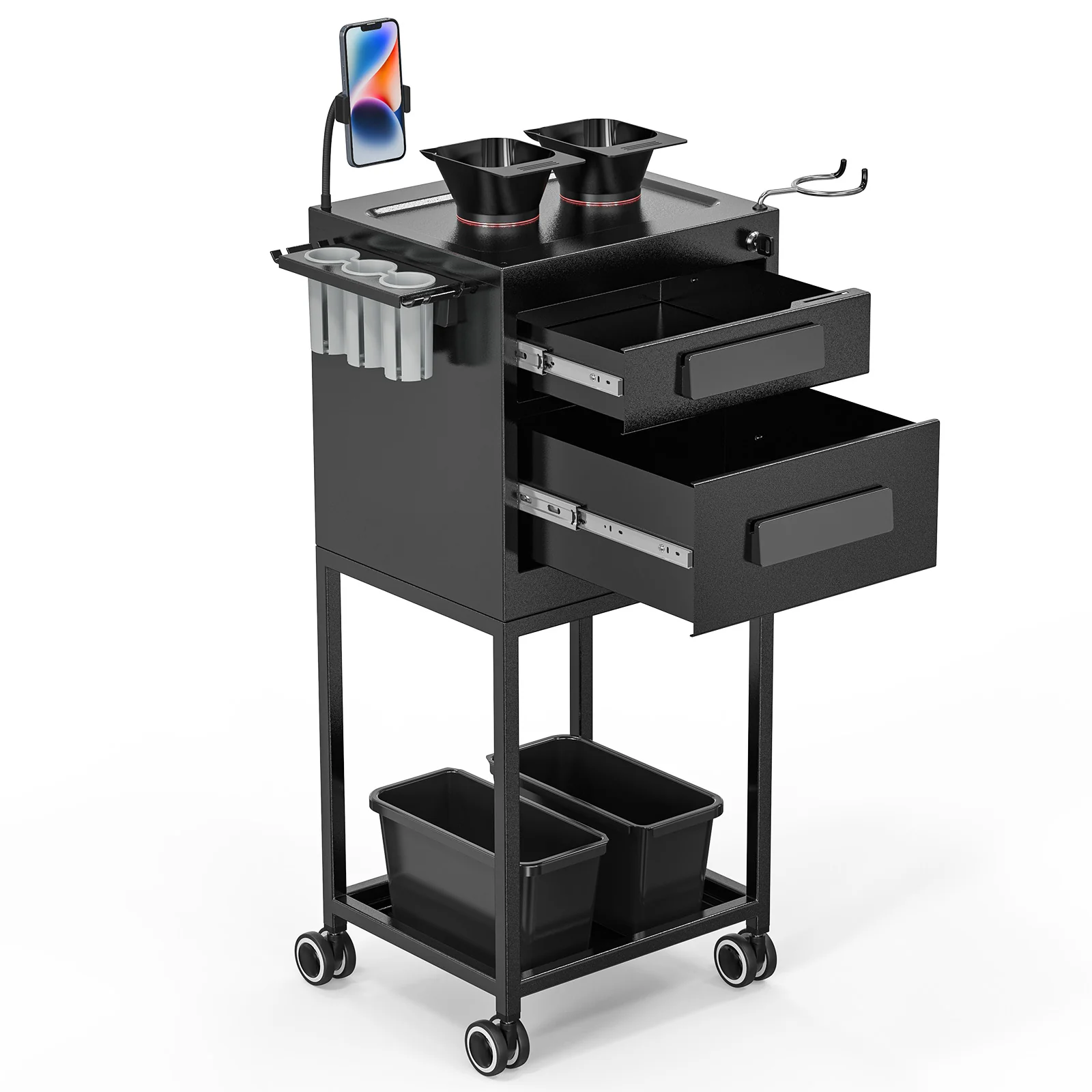 OmySalon ST1901 Metal Rolling Salon Trolley Cart w/2 Lockable Drawers 2 Magnetic Bowls 2 Storage Baskets - Image 8