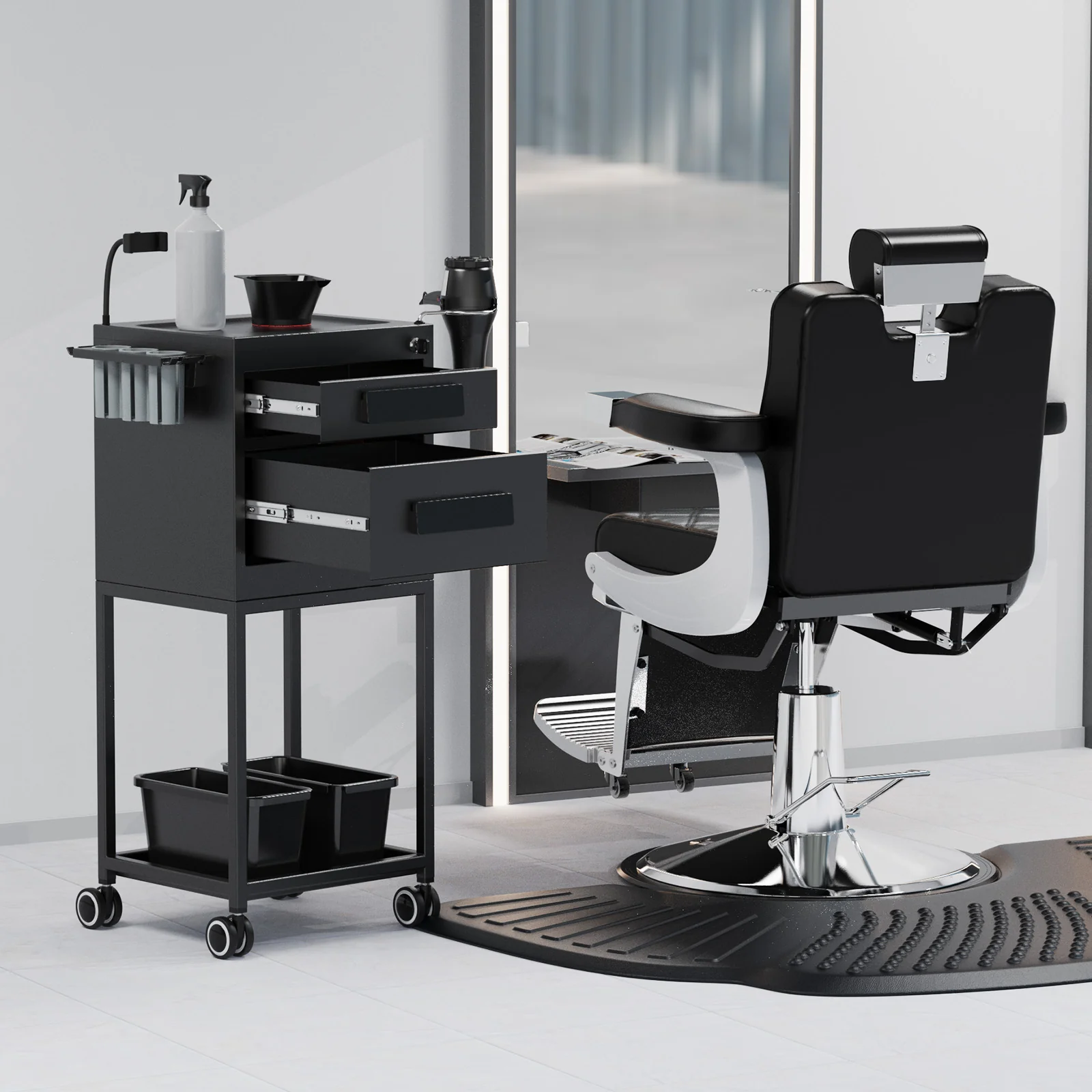 OmySalon ST1901 Metal Rolling Salon Trolley Cart w/2 Lockable Drawers 2 Magnetic Bowls 2 Storage Baskets - Image 9