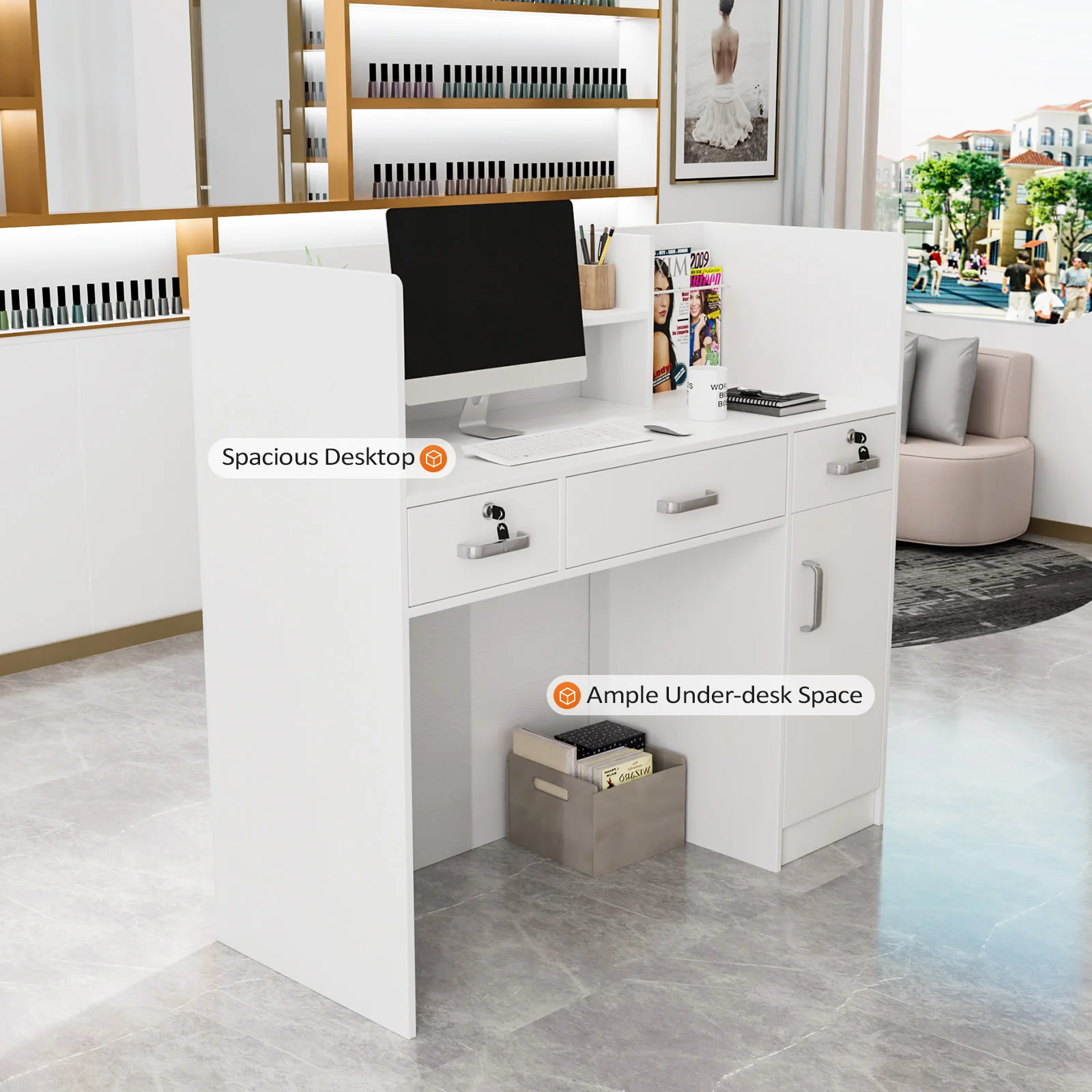 OmySalon OSRD-H Modern Computer Reception Desk with Lockable Drawers Storage Cabinet & Shelf - Image 10