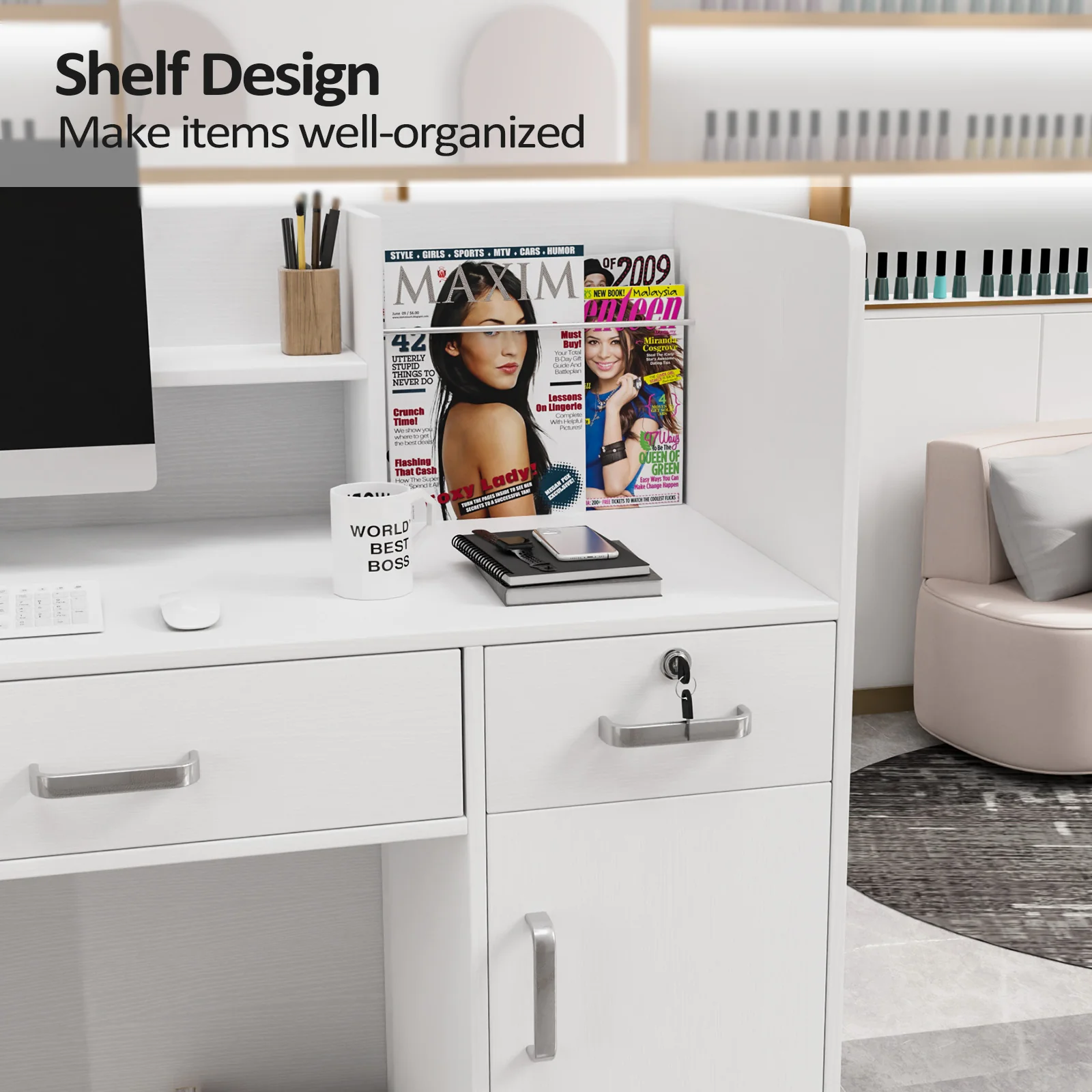 OmySalon OSRD-H Modern Computer Reception Desk with Lockable Drawers Storage Cabinet & Shelf - Image 11