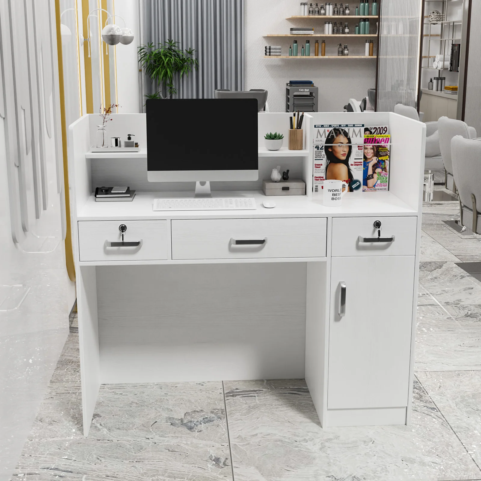 OmySalon OSRD-H Modern Computer Reception Desk with Lockable Drawers Storage Cabinet & Shelf - Image 13