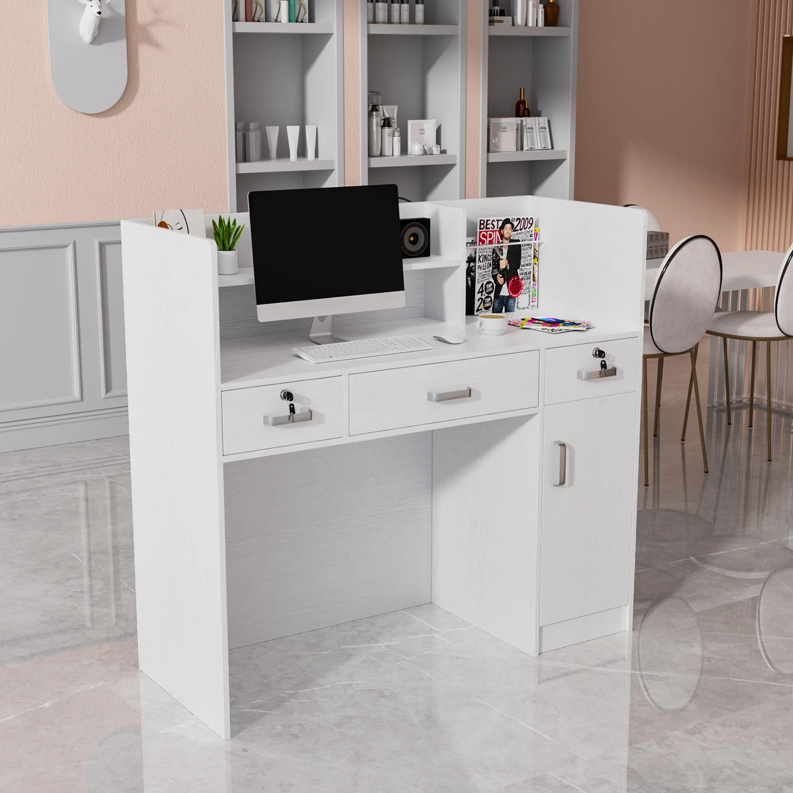 OmySalon OSRD-H Modern Computer Reception Desk with Lockable Drawers Storage Cabinet & Shelf - Image 14