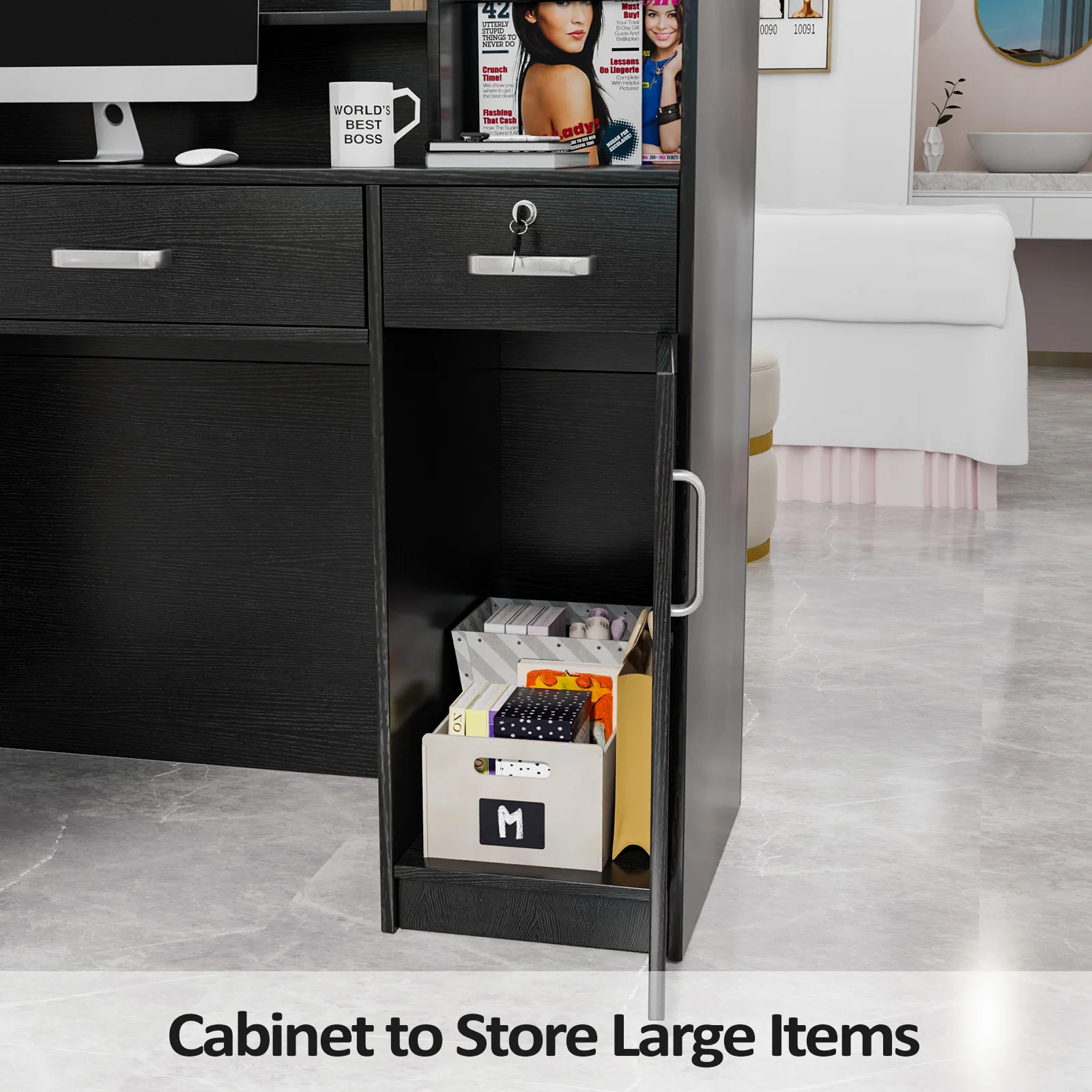 OmySalon OSRD-H Modern Computer Reception Desk with Lockable Drawers Storage Cabinet & Shelf - Image 4